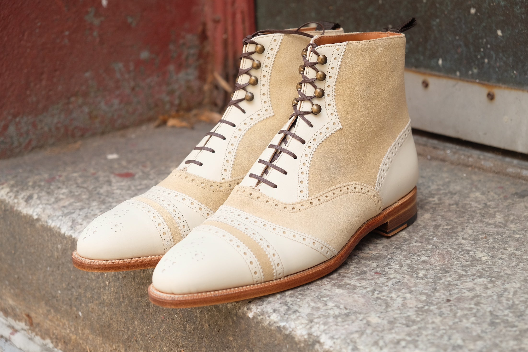 Whitman - MTO - Crust Calf / Light Cream Suede - NGT last - Single Leather Sole - Fleur De Lys Medallion-Made To Order Cap Toe Tarsal Brogue Boot-J.FitzPatrick Footwear