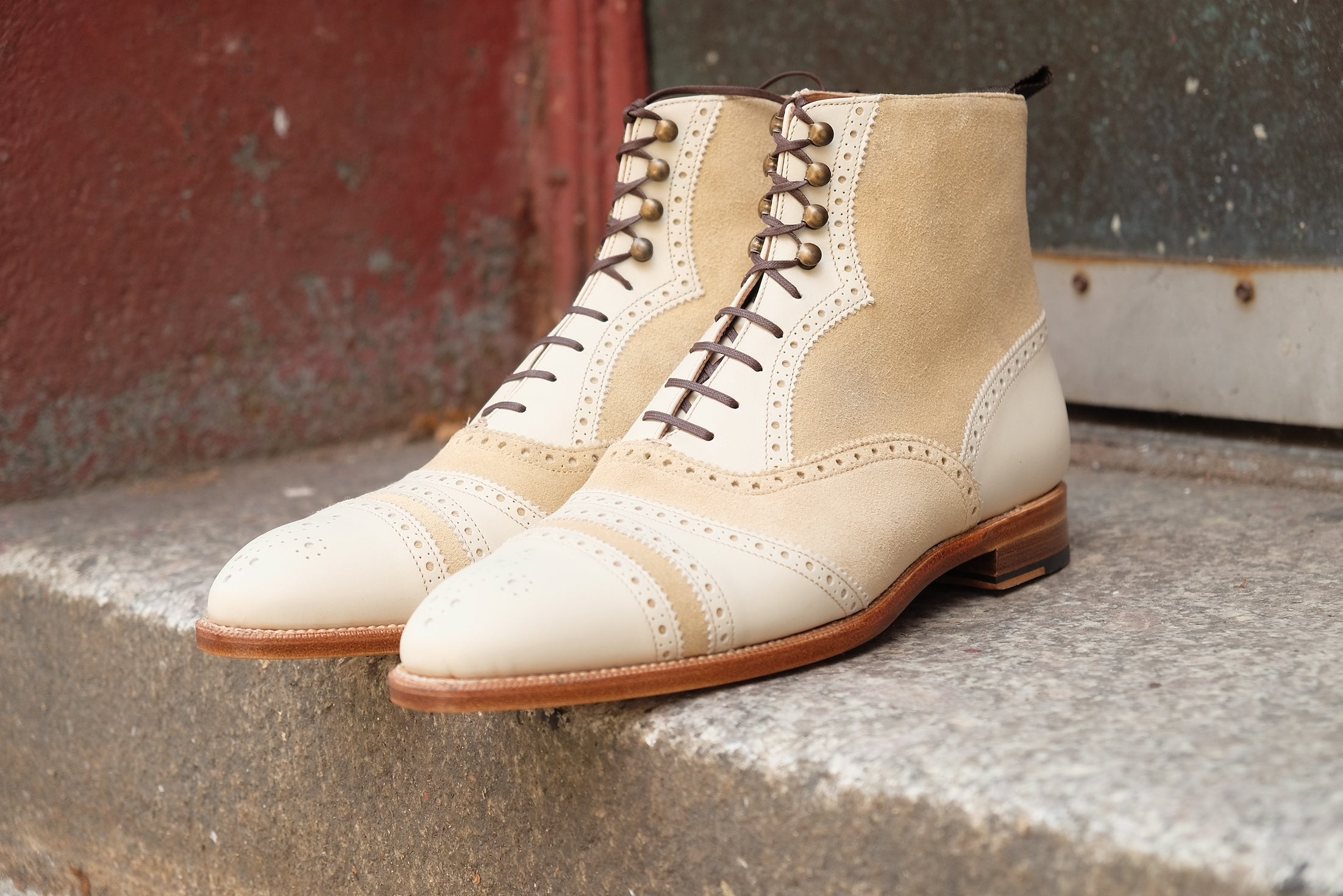 Whitman - MTO - Crust Calf / Light Cream Suede - NGT last - Single Leather Sole - Fleur De Lys Medallion-Made To Order Cap Toe Tarsal Brogue Boot-J.FitzPatrick Footwear