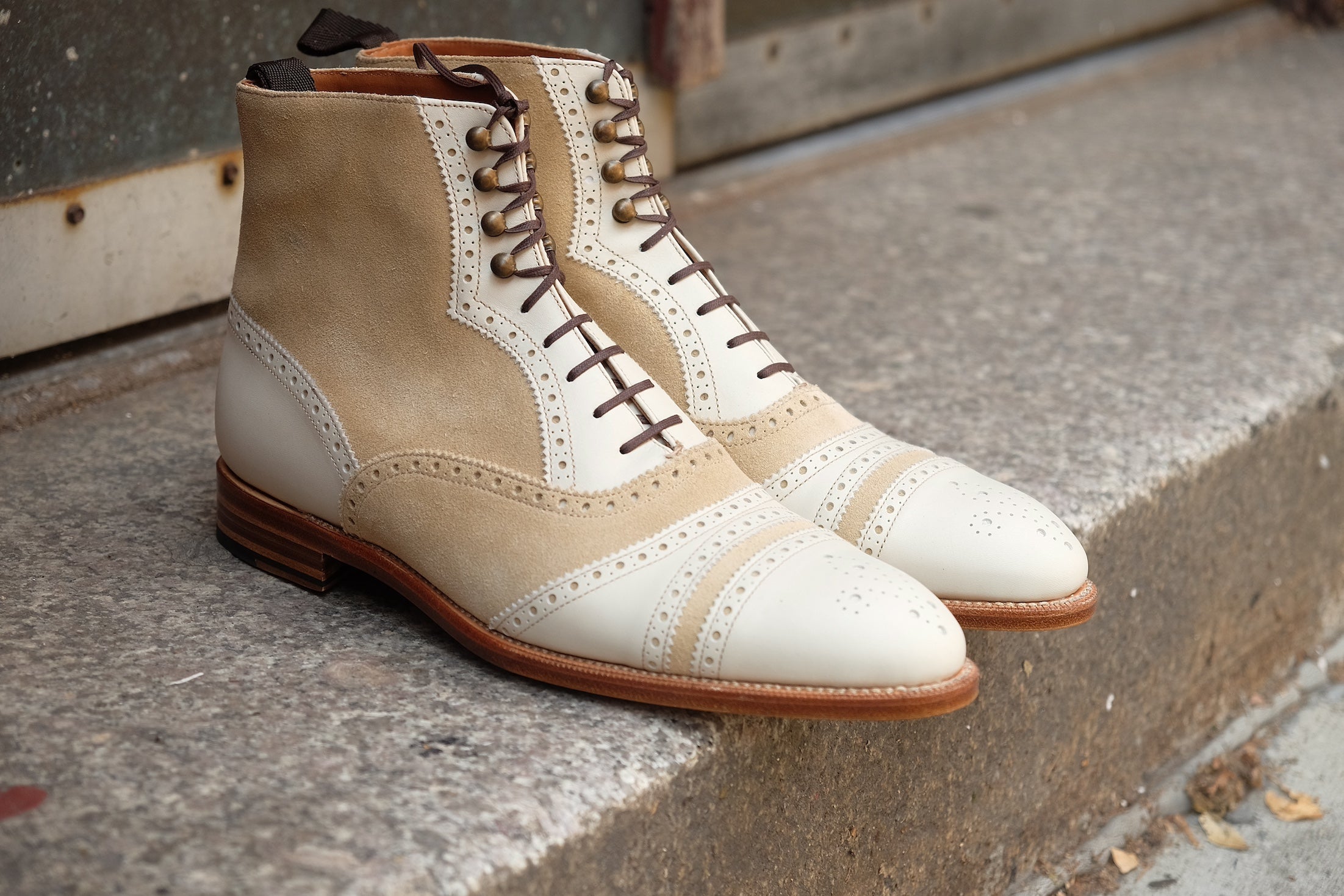 Whitman - MTO - Crust Calf / Light Cream Suede - NGT last - Single Leather Sole - Fleur De Lys Medallion-Made To Order Cap Toe Tarsal Brogue Boot-J.FitzPatrick Footwear