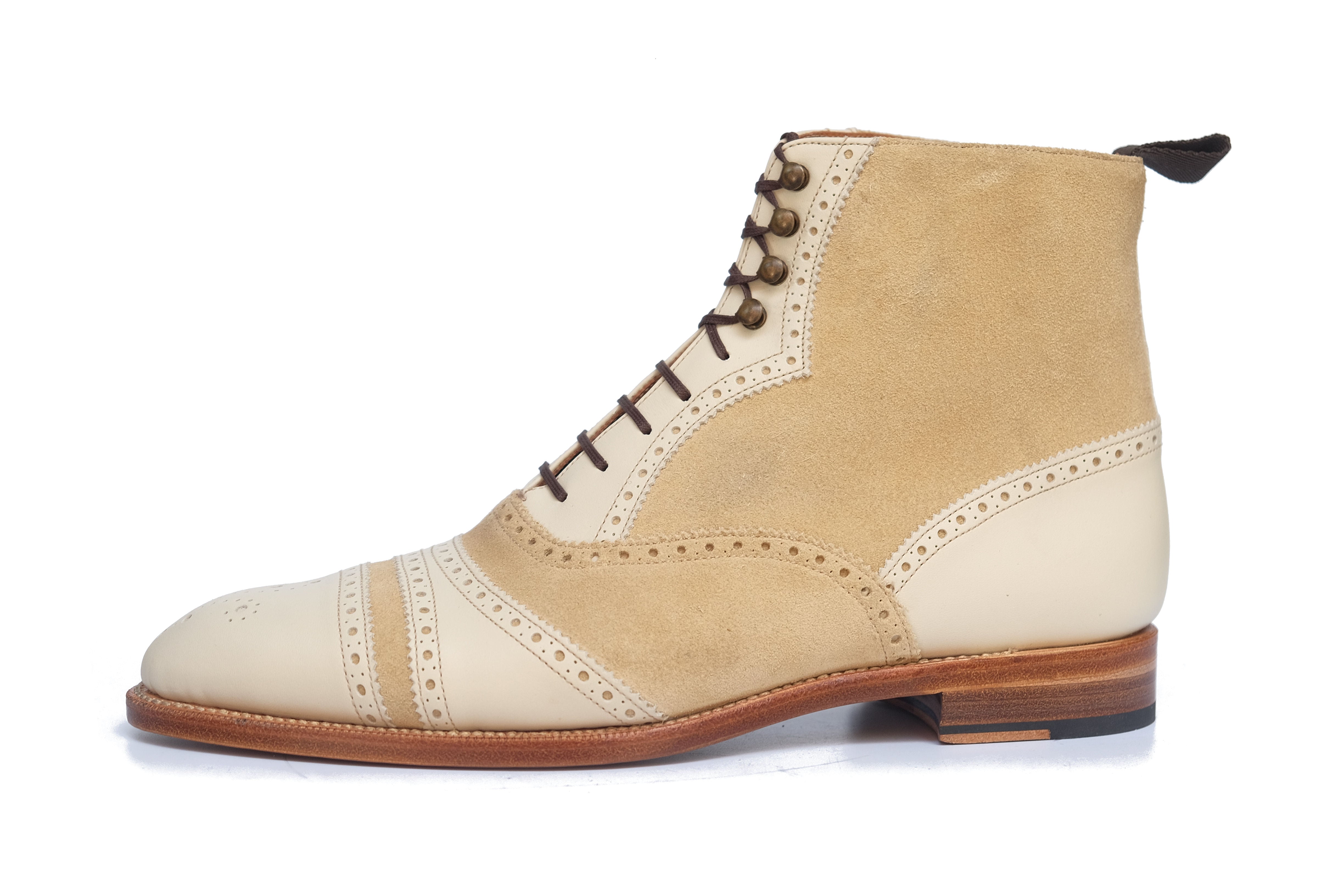 Whitman - MTO - Crust Calf / Light Cream Suede - NGT last - Single Leather Sole - Fleur De Lys Medallion-Made To Order Cap Toe Tarsal Brogue Boot-J.FitzPatrick Footwear