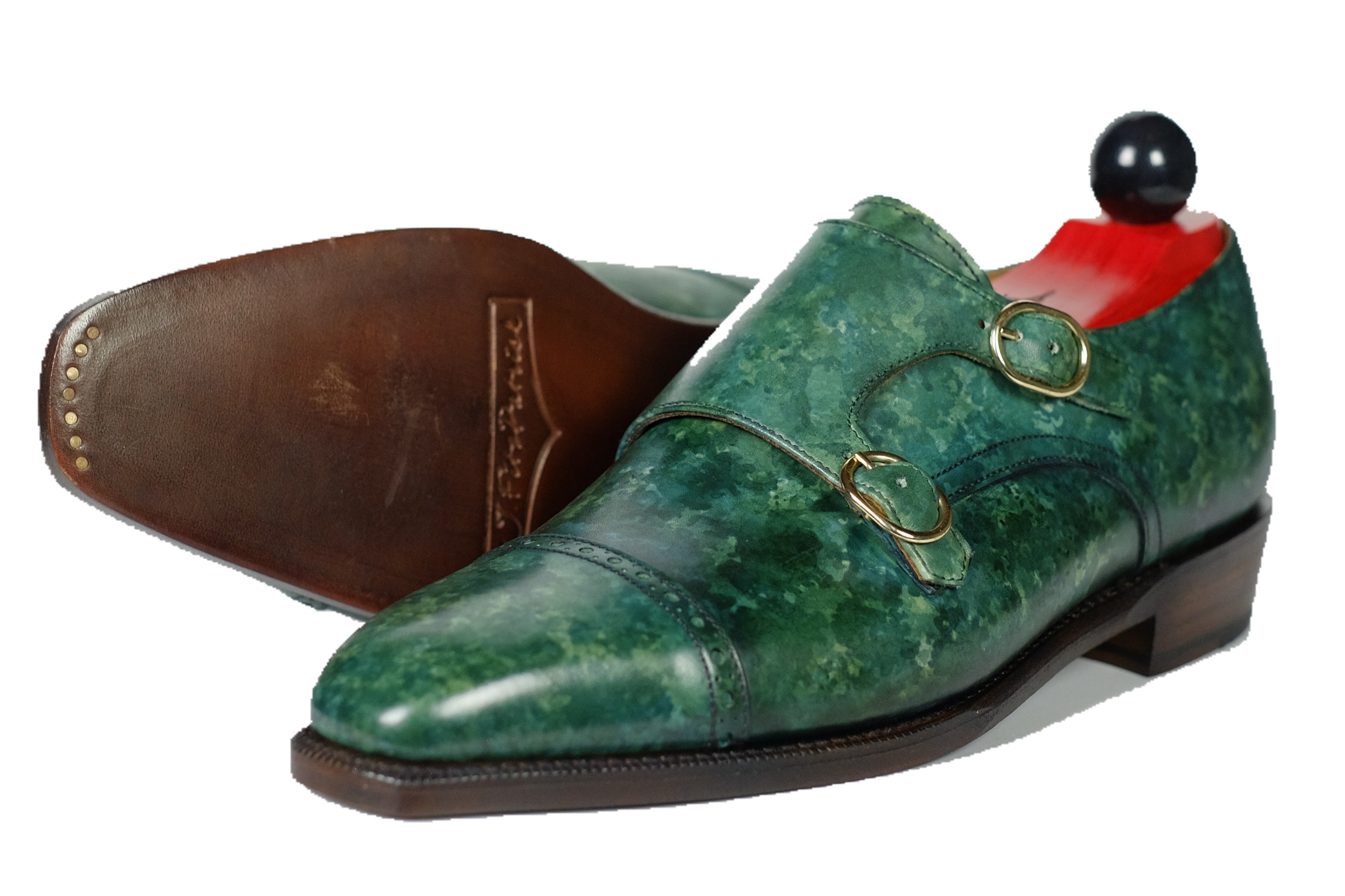 Woodland - Forest Green Marble Patina-Double Monk Straps Monkstraps-J.FitzPatrick Footwear