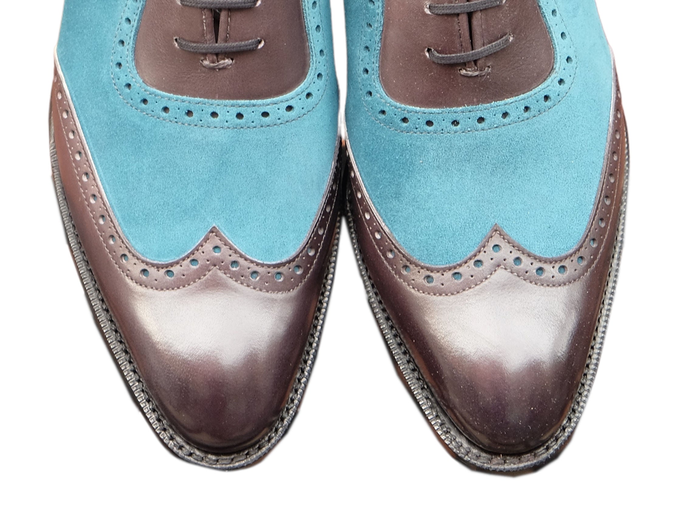 Yakima - MTO - Shaded Grey Calf / Teal Suede - SEA Last - Single Leather Sole-Made To Order Wingtip Brogue Spectator Oxfords-J.FitzPatrick Footwear