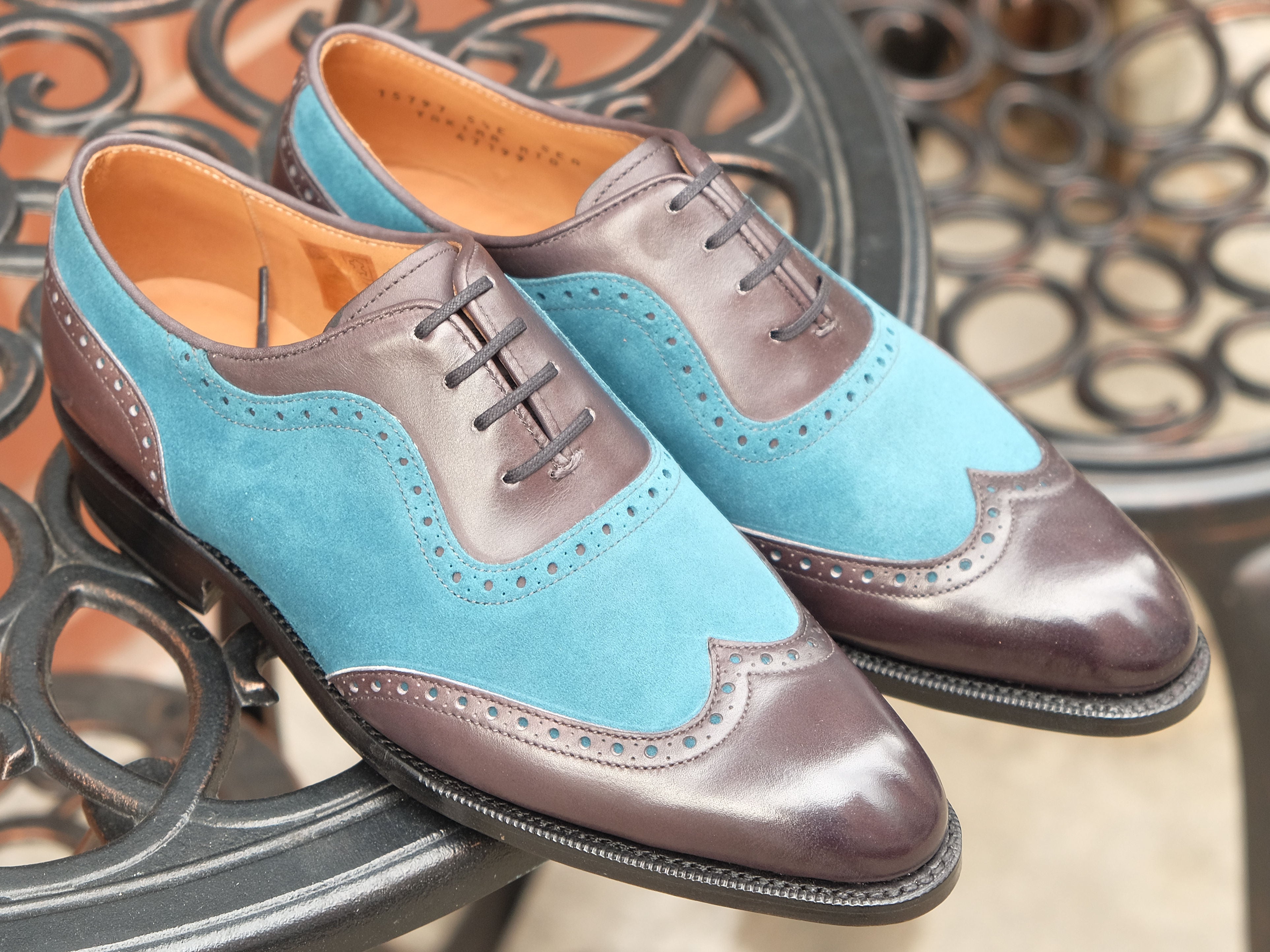 Yakima - MTO - Shaded Grey Calf / Teal Suede - SEA Last - Single Leather Sole-Made To Order Wingtip Brogue Spectator Oxfords-J.FitzPatrick Footwear