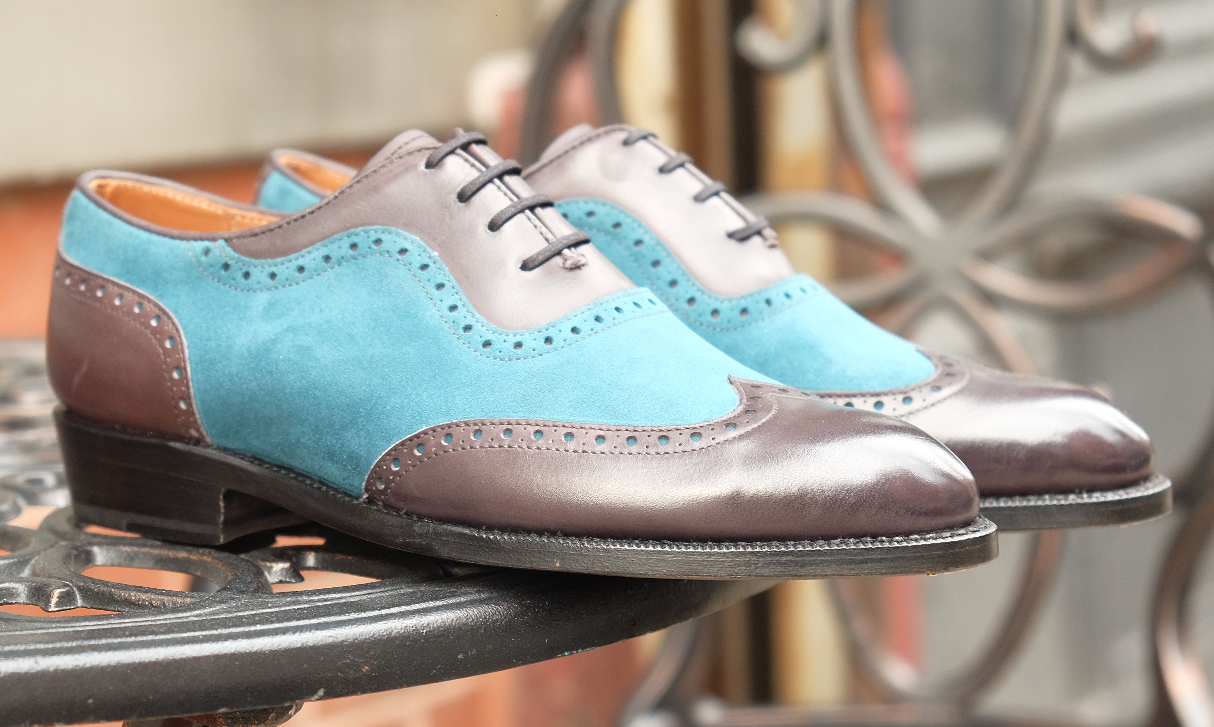 Yakima - MTO - Shaded Grey Calf / Teal Suede - SEA Last - Single Leather Sole-Made To Order Wingtip Brogue Spectator Oxfords-J.FitzPatrick Footwear