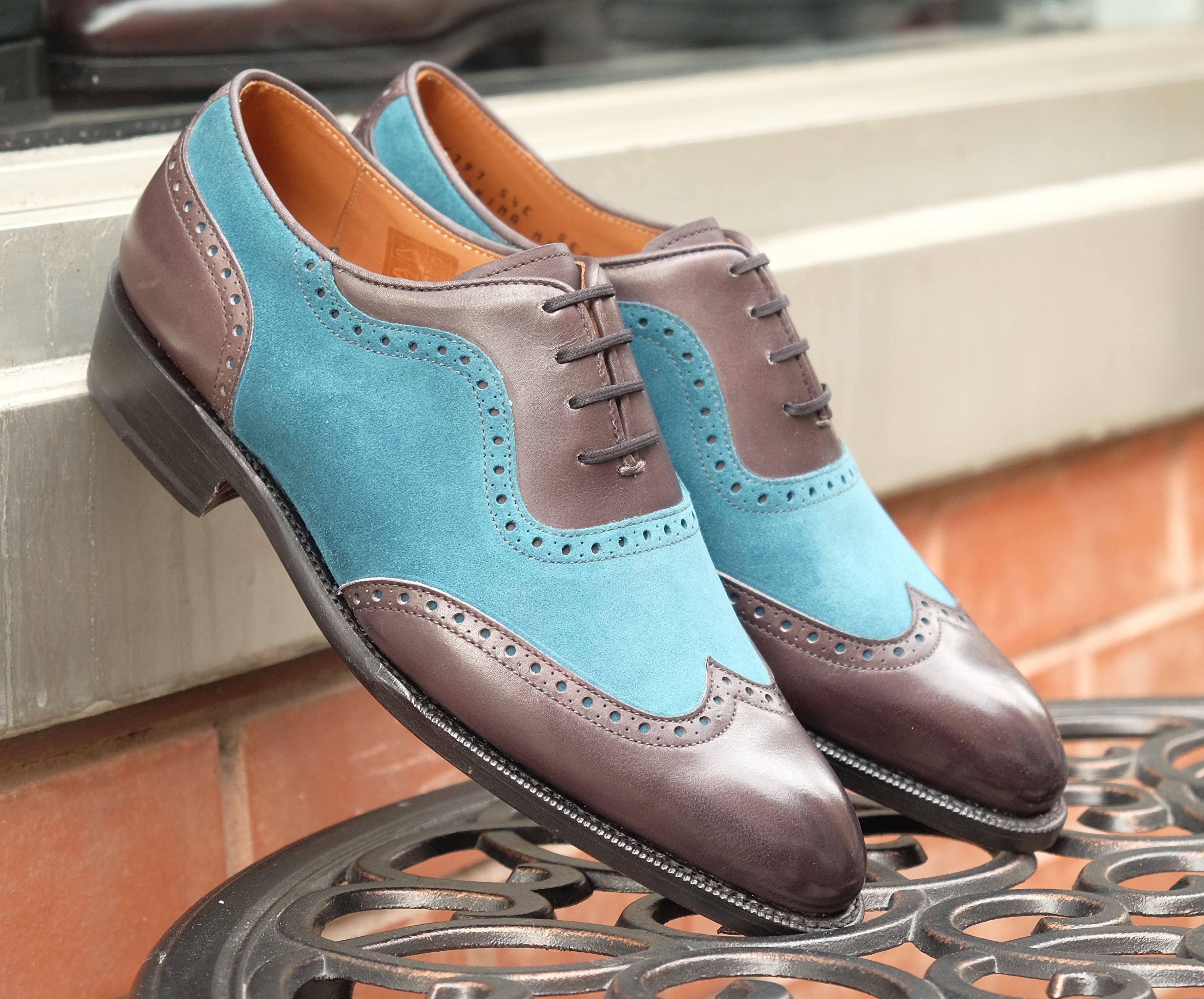 Yakima - MTO - Shaded Grey Calf / Teal Suede - SEA Last - Single Leather Sole-Made To Order Wingtip Brogue Spectator Oxfords-J.FitzPatrick Footwear