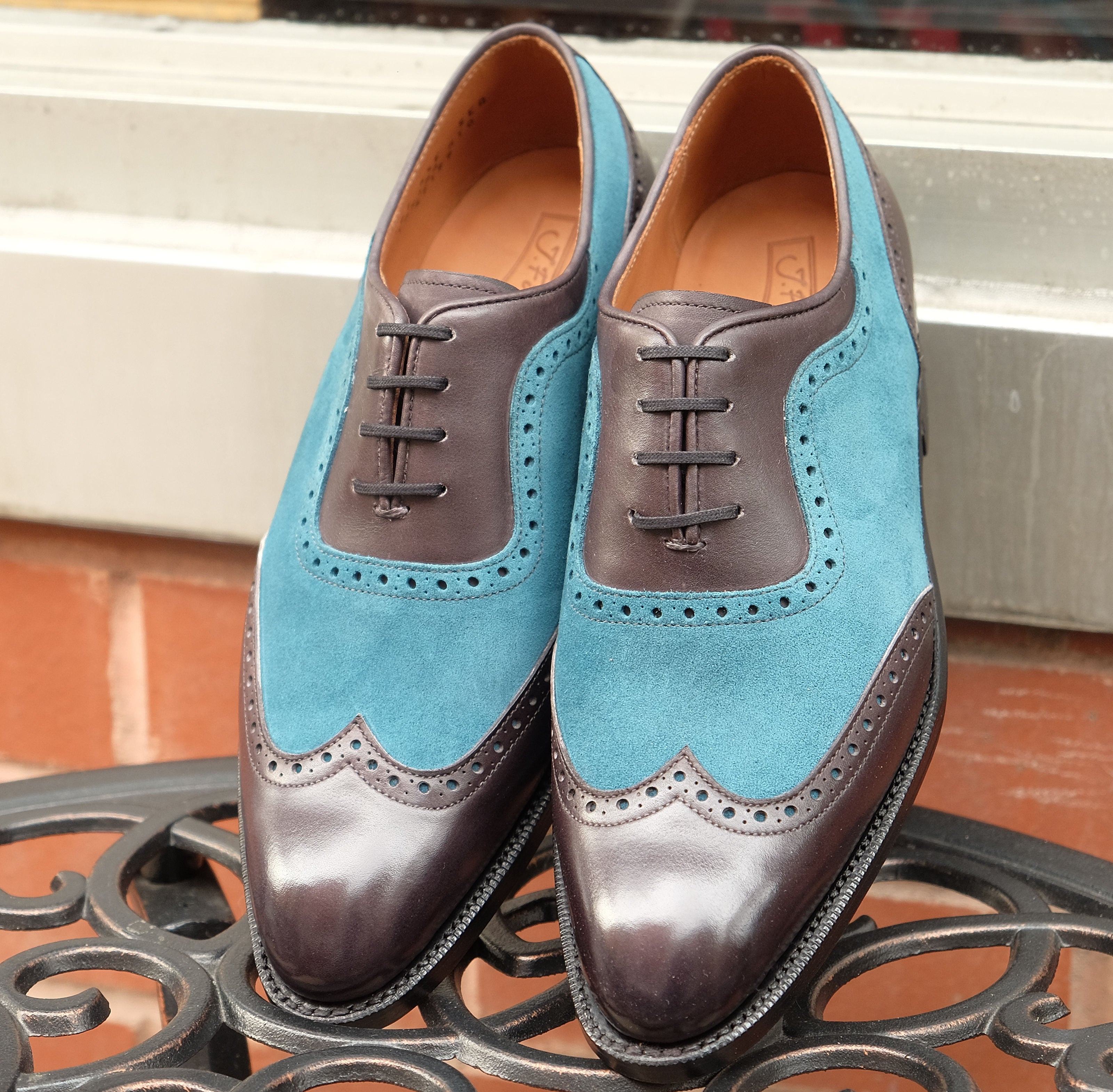 Yakima - MTO - Shaded Grey Calf / Teal Suede - SEA Last - Single Leather Sole-Made To Order Wingtip Brogue Spectator Oxfords-J.FitzPatrick Footwear