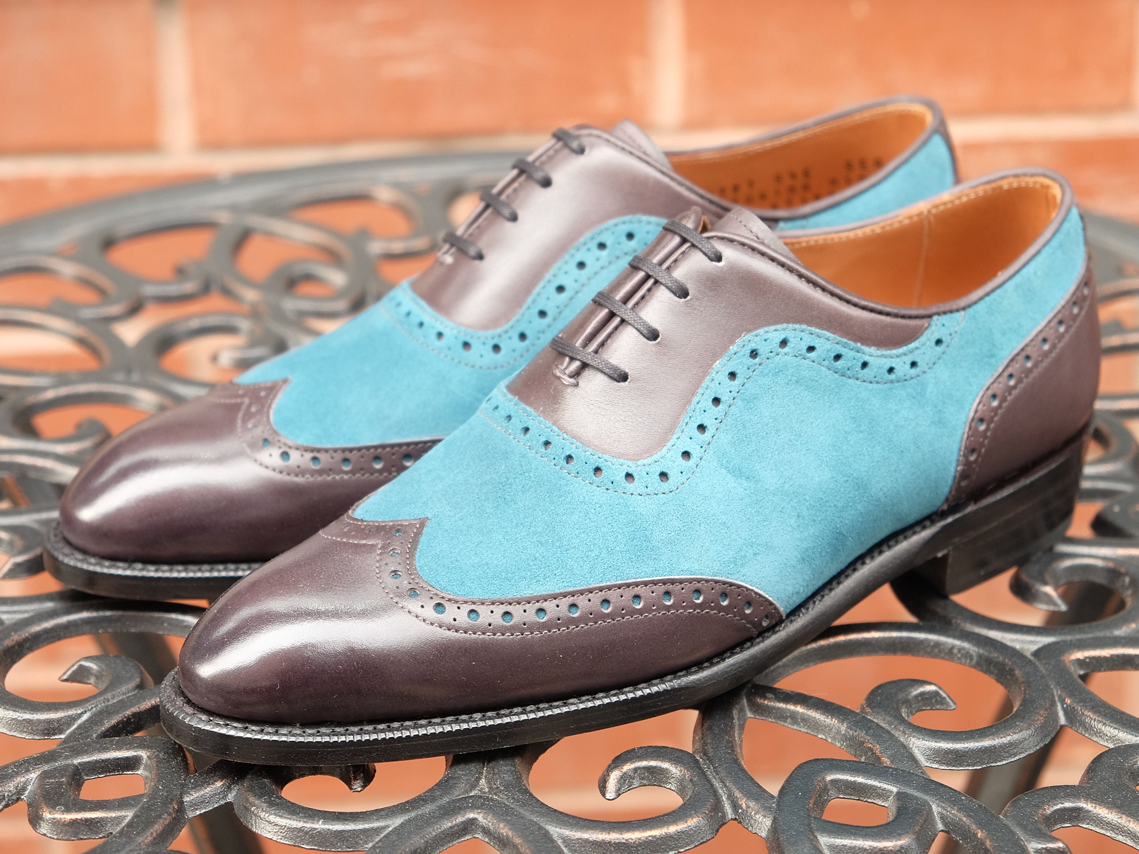 Yakima - MTO - Shaded Grey Calf / Teal Suede - SEA Last - Single Leather Sole-Made To Order Wingtip Brogue Spectator Oxfords-J.FitzPatrick Footwear
