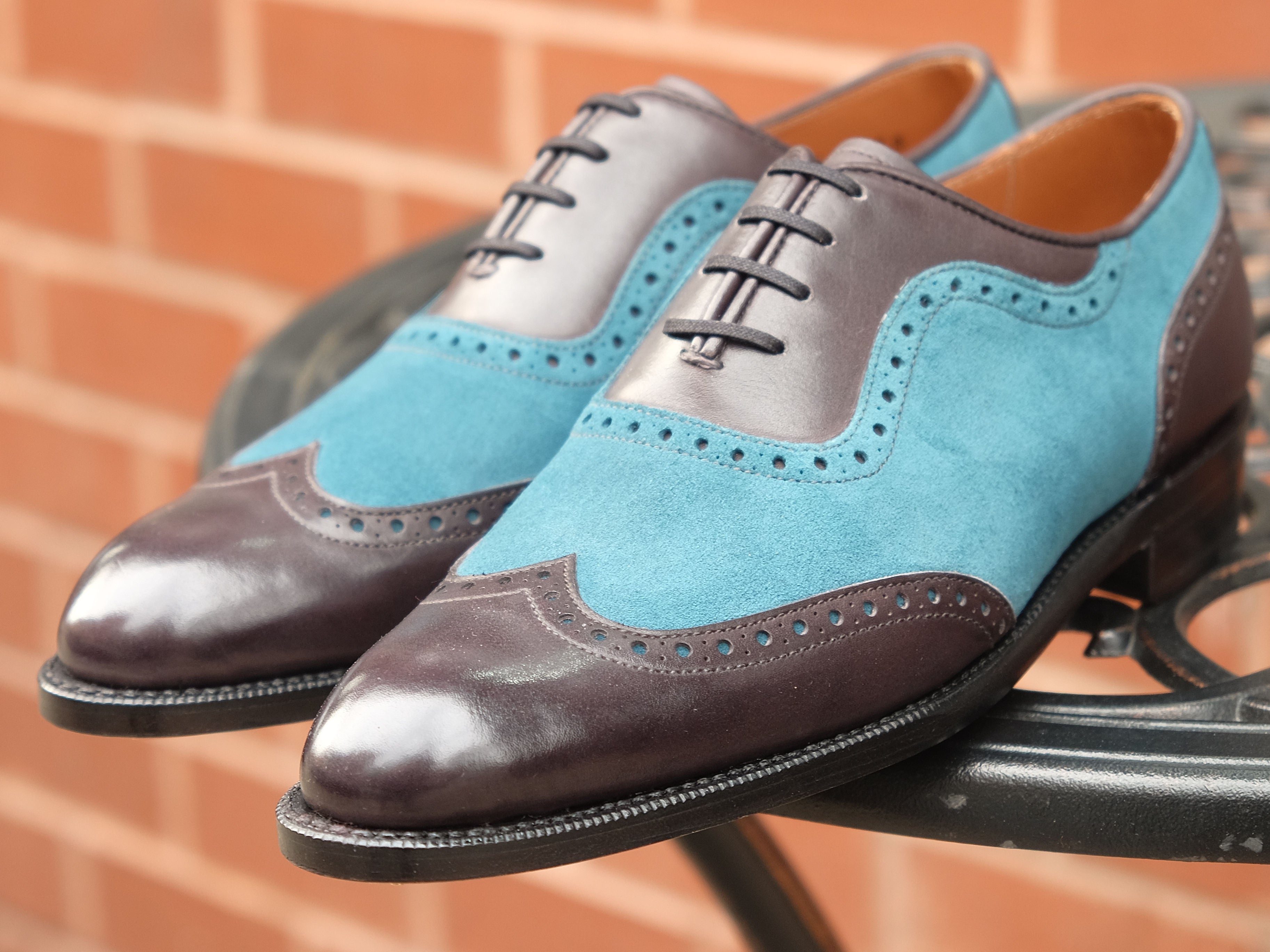 Yakima - MTO - Shaded Grey Calf / Teal Suede - SEA Last - Single Leather Sole-Made To Order Wingtip Brogue Spectator Oxfords-J.FitzPatrick Footwear