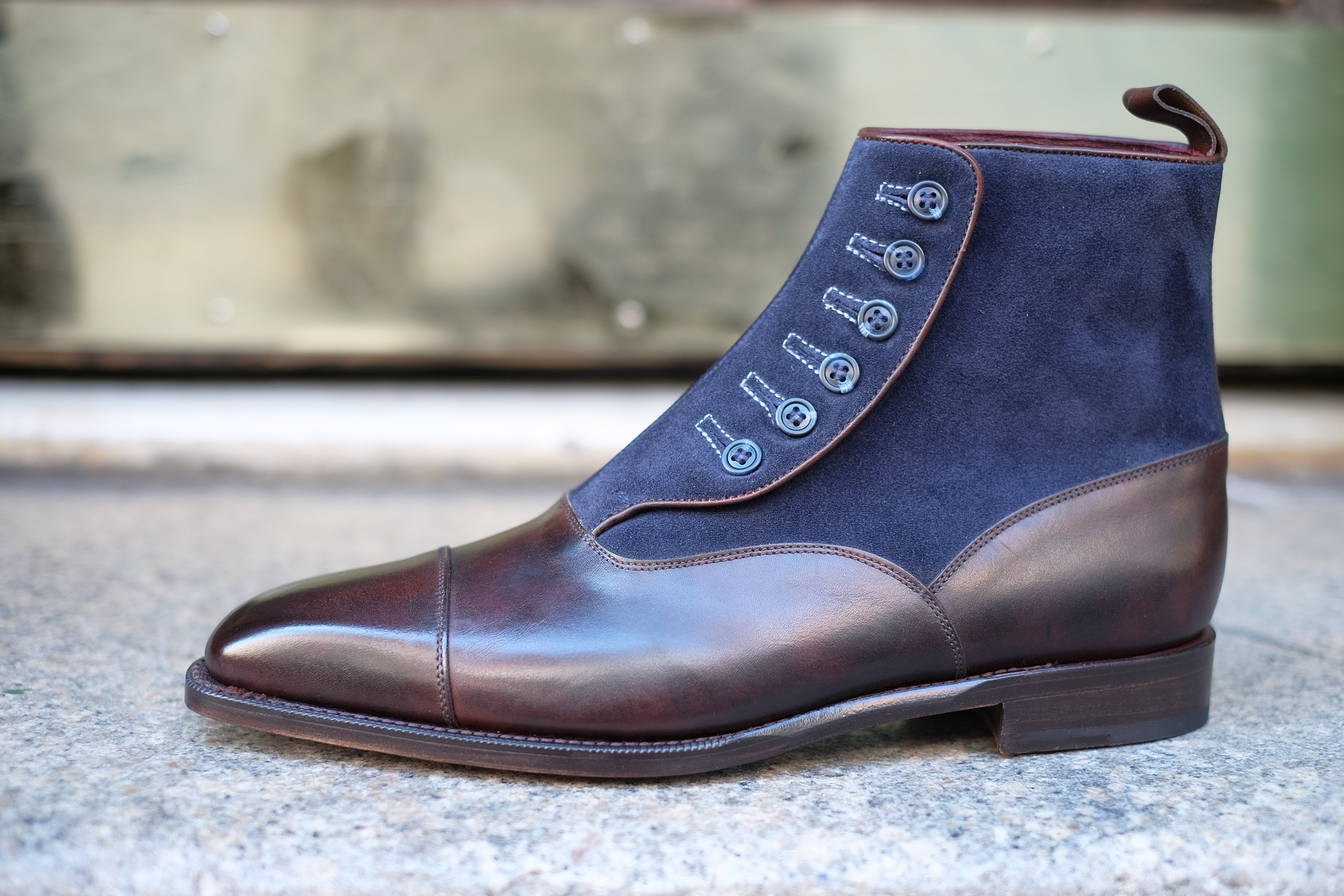 Bellevue - MTO - Dark Brown Museum Calf / Navy Suede - Sky Blue Stitching - Blue Buttons - MGF Last - Single Leather Sole