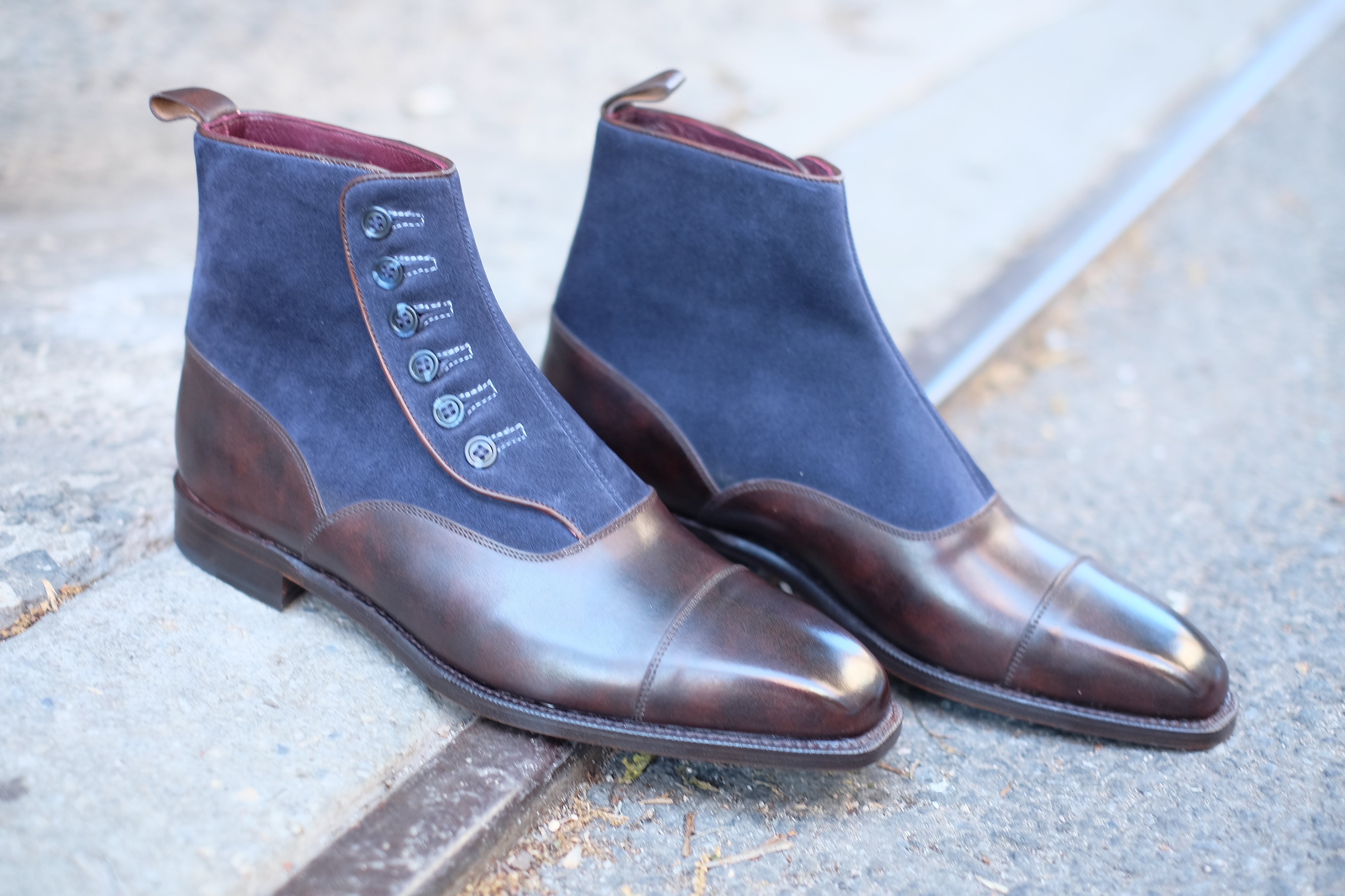 Bellevue - MTO - Dark Brown Museum Calf / Navy Suede - Sky Blue Stitching - Blue Buttons - MGF Last - Single Leather Sole