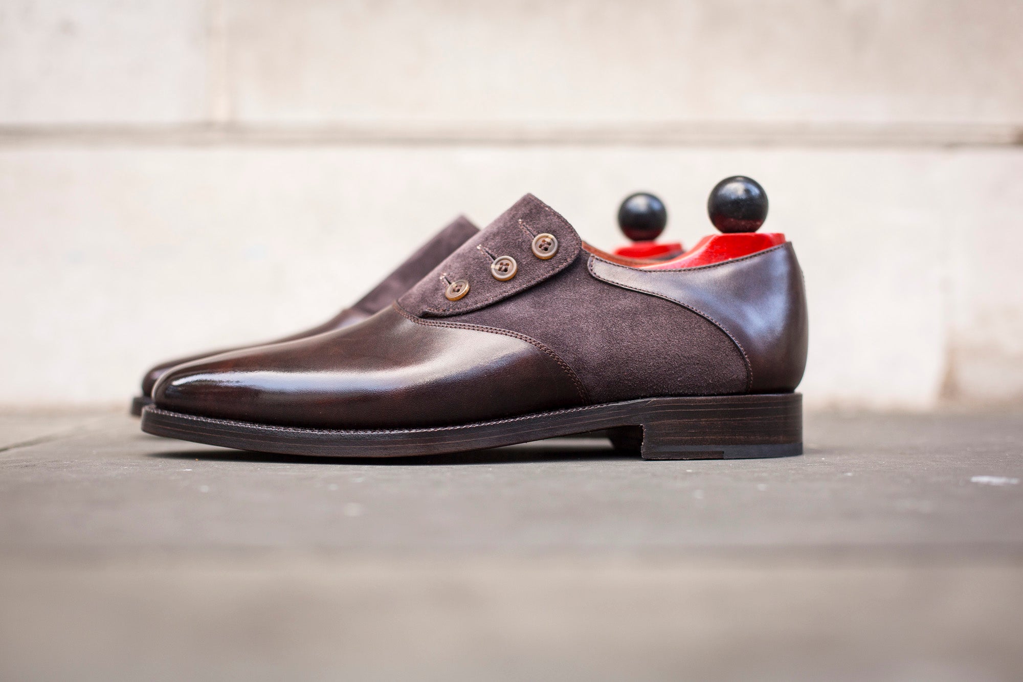Aurora - MTO - Dark Brown Museum Calf / Dark Brown Suede - JKF Last - Double Leather Sole-Made To Order Button Shoe Plain Toe-J.FitzPatrick Footwear