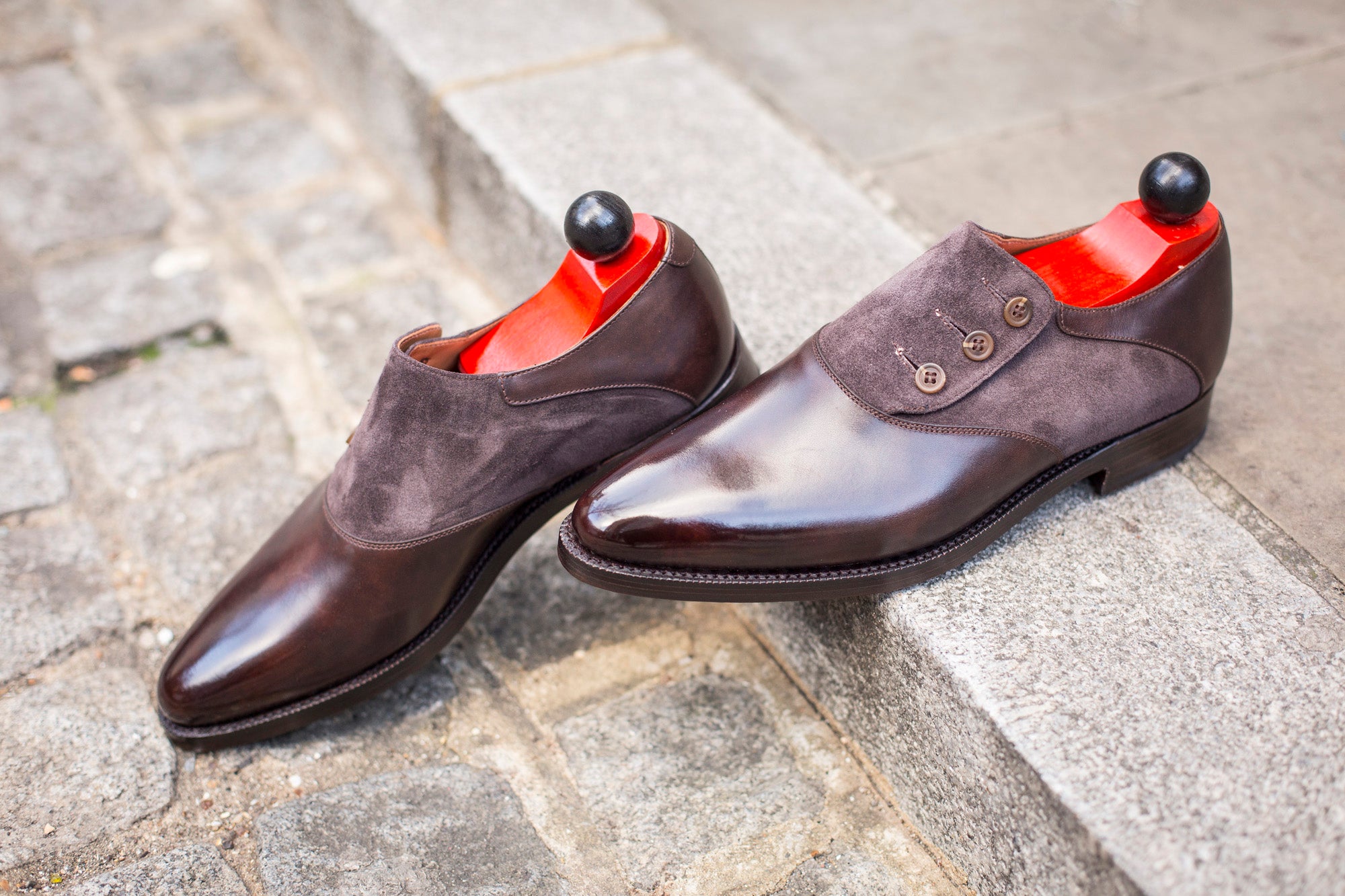 Aurora - MTO - Dark Brown Museum Calf / Dark Brown Suede - JKF Last - Double Leather Sole-Made To Order Button Shoe Plain Toe-J.FitzPatrick Footwear