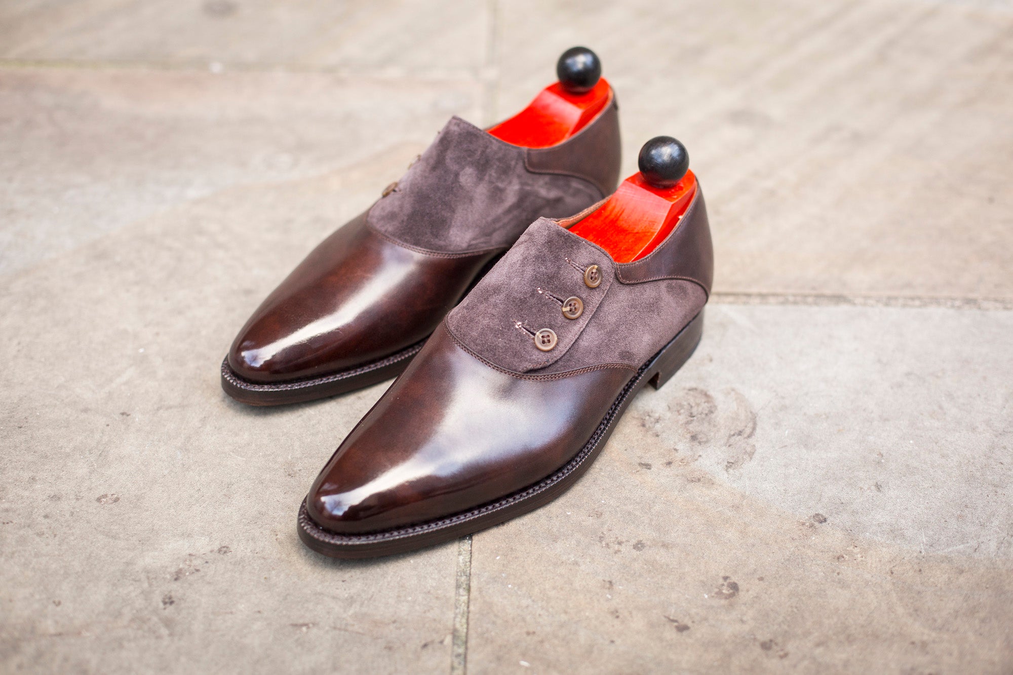 Aurora - MTO - Dark Brown Museum Calf / Dark Brown Suede - JKF Last - Double Leather Sole-Made To Order Button Shoe Plain Toe-J.FitzPatrick Footwear