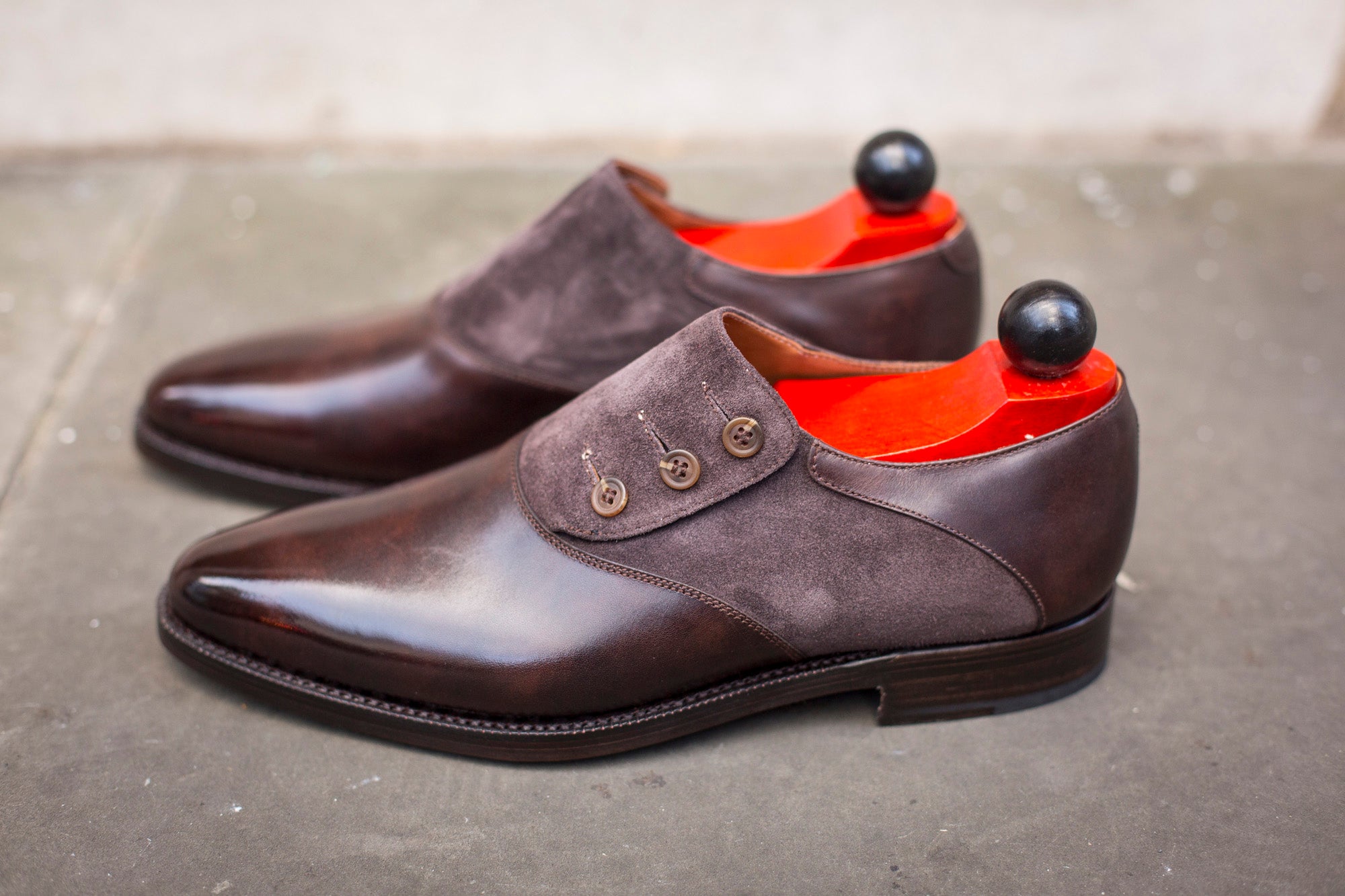 Aurora - MTO - Dark Brown Museum Calf / Dark Brown Suede - JKF Last - Double Leather Sole-Made To Order Button Shoe Plain Toe-J.FitzPatrick Footwear