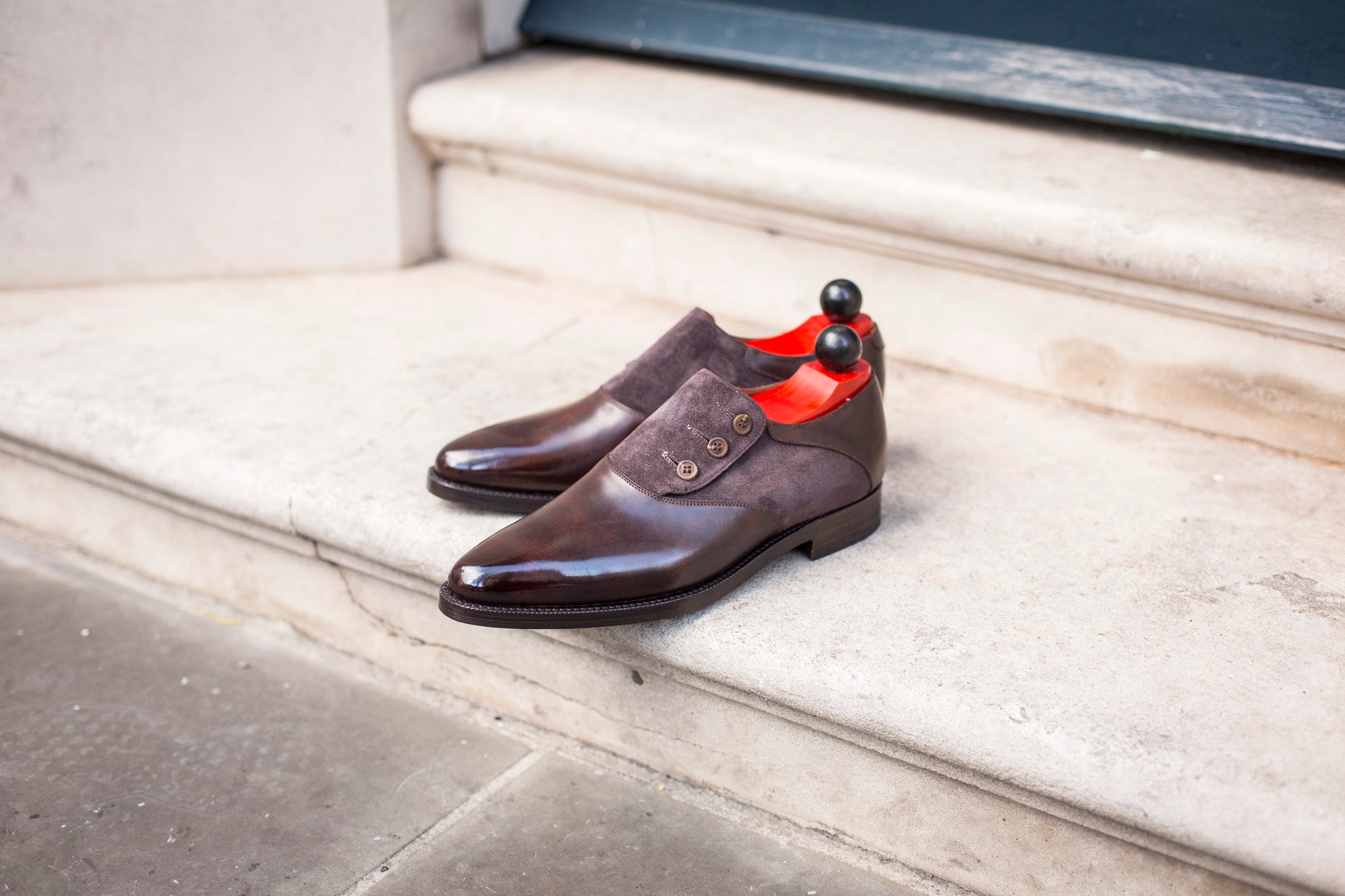 Aurora - MTO - Dark Brown Museum Calf / Dark Brown Suede - JKF Last - Double Leather Sole-Made To Order Button Shoe Plain Toe-J.FitzPatrick Footwear