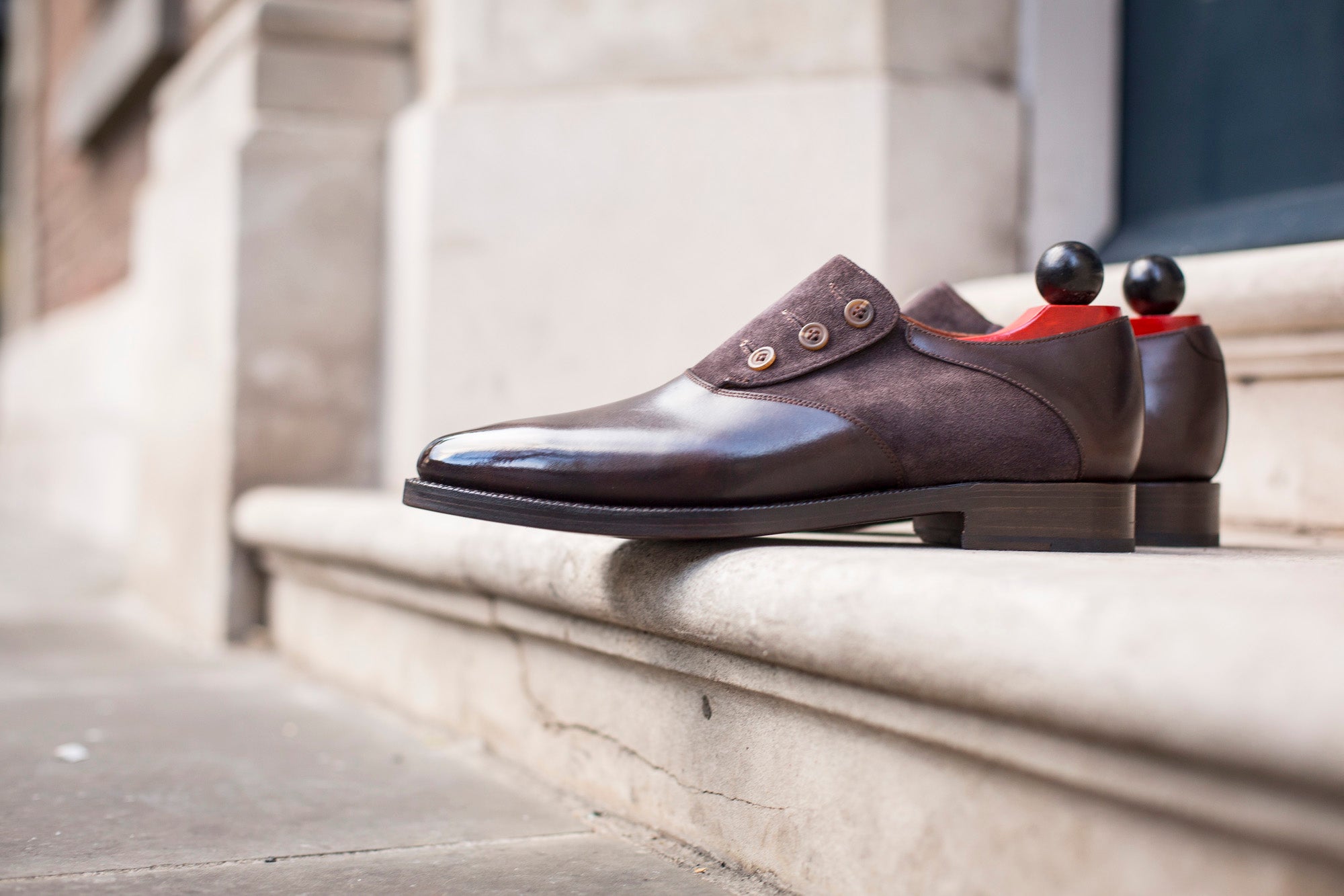 Aurora - MTO - Dark Brown Museum Calf / Dark Brown Suede - JKF Last - Double Leather Sole-Made To Order Button Shoe Plain Toe-J.FitzPatrick Footwear