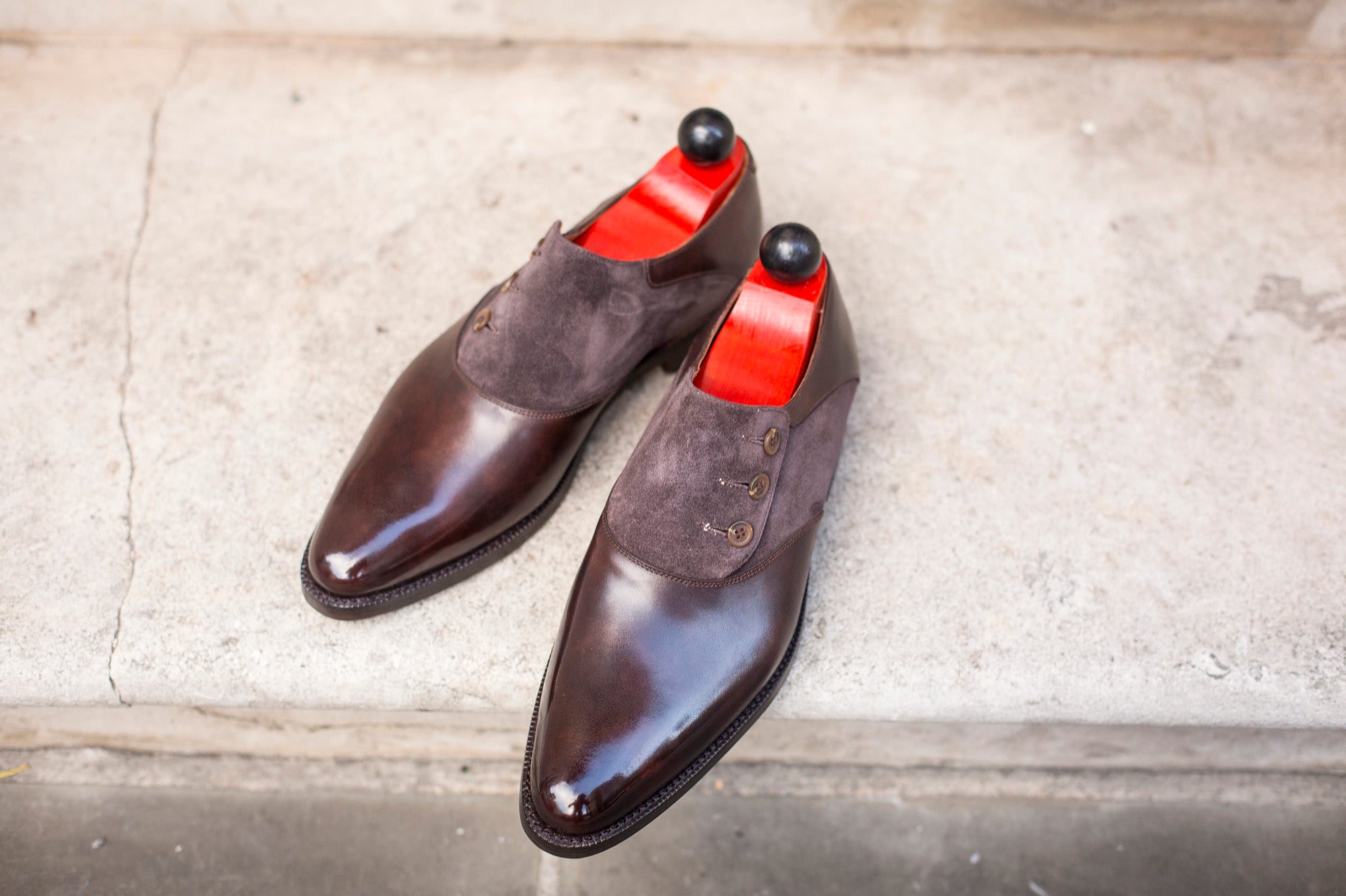 Aurora - MTO - Dark Brown Museum Calf / Dark Brown Suede - JKF Last - Double Leather Sole-Made To Order Button Shoe Plain Toe-J.FitzPatrick Footwear