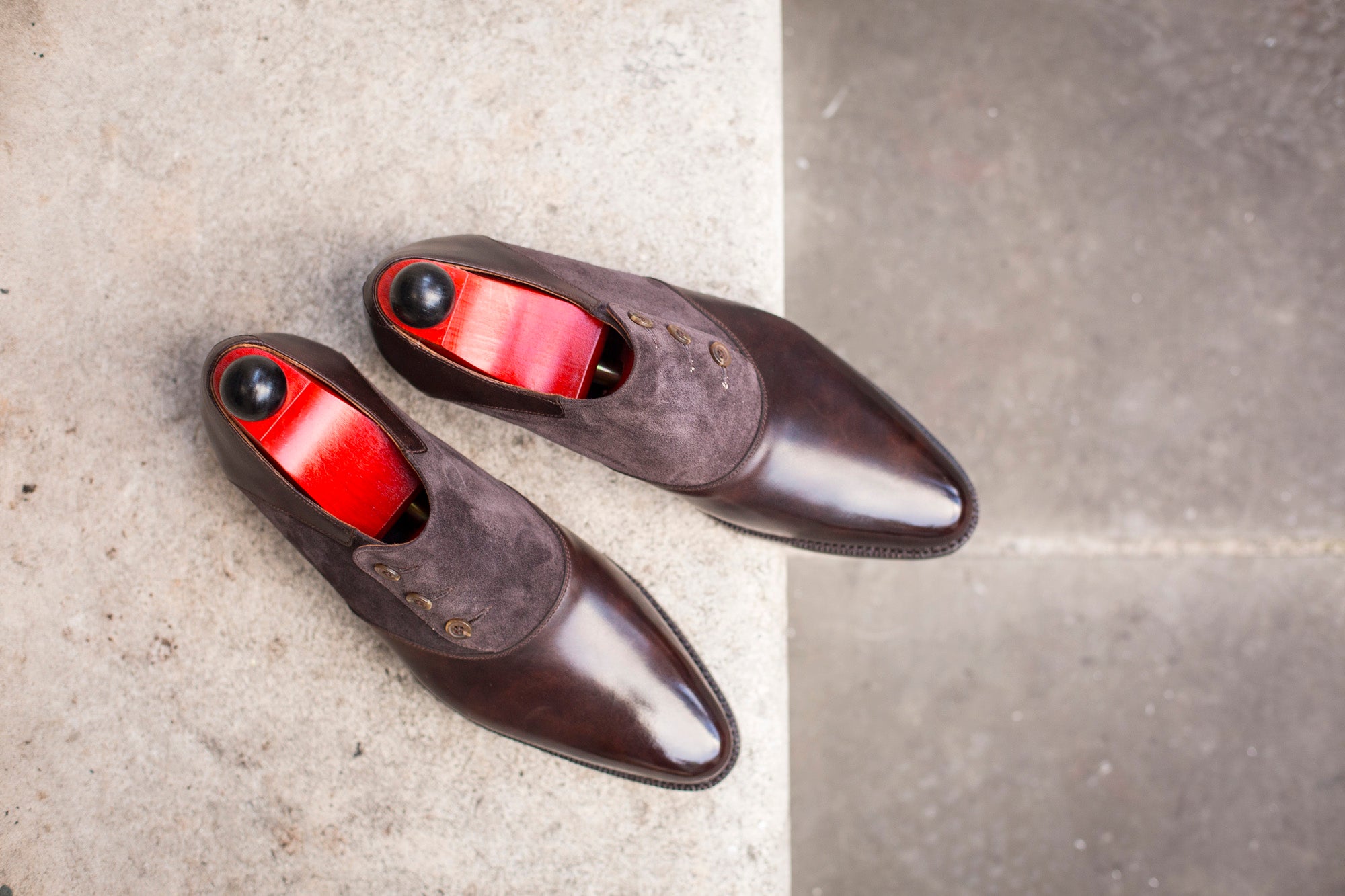 Aurora - MTO - Dark Brown Museum Calf / Dark Brown Suede - JKF Last - Double Leather Sole-Made To Order Button Shoe Plain Toe-J.FitzPatrick Footwear