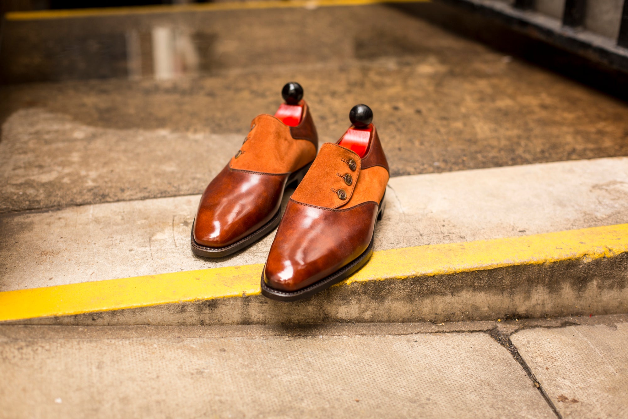 Aurora - MTO - Gold Museum Calf / Cinnamon Suede - LPB Last - Single Leather Sole-Made To Order Button Shoe Plain Toe-J.FitzPatrick Footwear