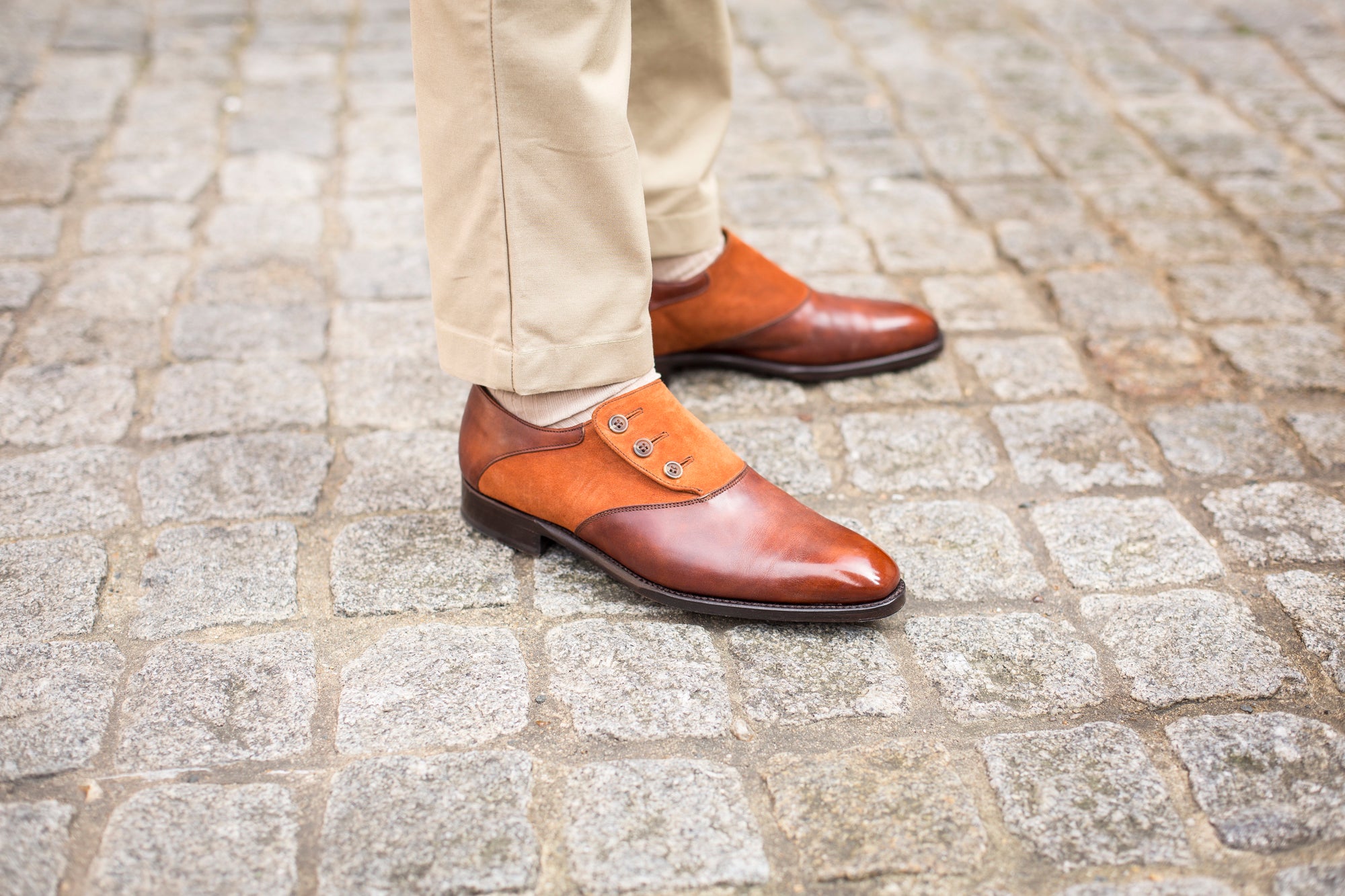 Aurora - MTO - Gold Museum Calf / Cinnamon Suede - LPB Last - Single Leather Sole-Made To Order Button Shoe Plain Toe-J.FitzPatrick Footwear