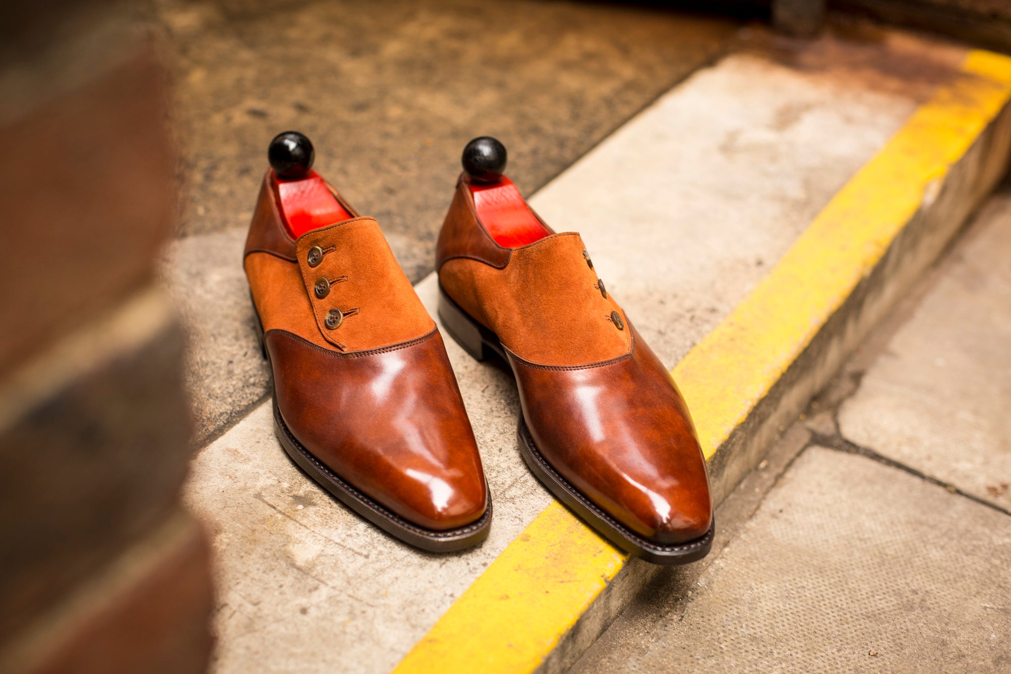 Aurora - MTO - Gold Museum Calf / Cinnamon Suede - LPB Last - Single Leather Sole-Made To Order Button Shoe Plain Toe-J.FitzPatrick Footwear