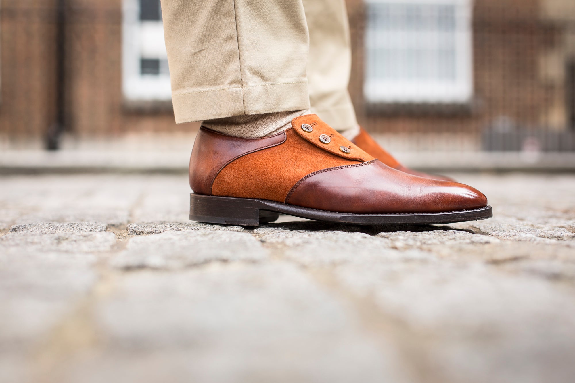 Aurora - MTO - Gold Museum Calf / Cinnamon Suede - LPB Last - Single Leather Sole-Made To Order Button Shoe Plain Toe-J.FitzPatrick Footwear
