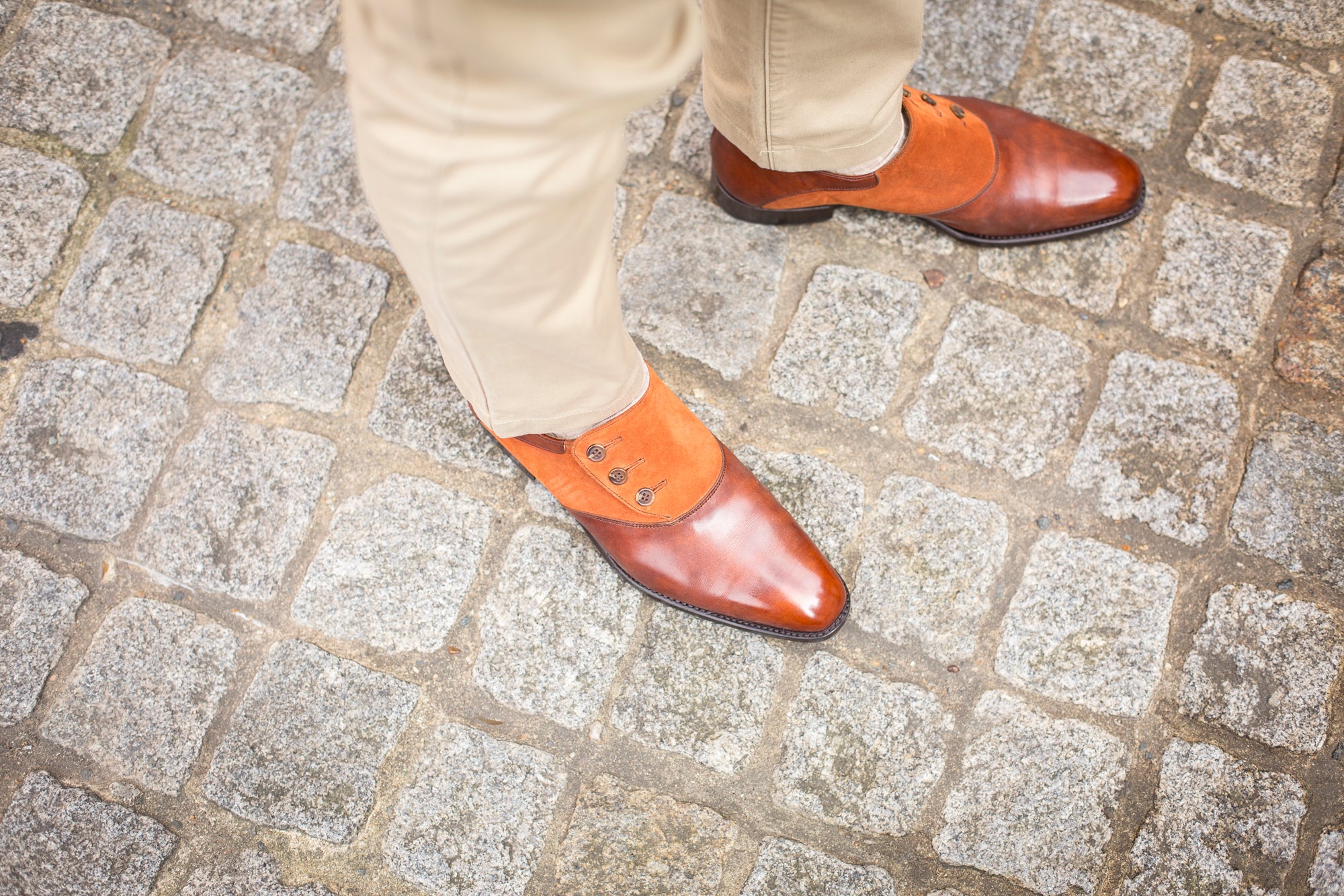 Aurora - MTO - Gold Museum Calf / Cinnamon Suede - LPB Last - Single Leather Sole-Made To Order Button Shoe Plain Toe-J.FitzPatrick Footwear