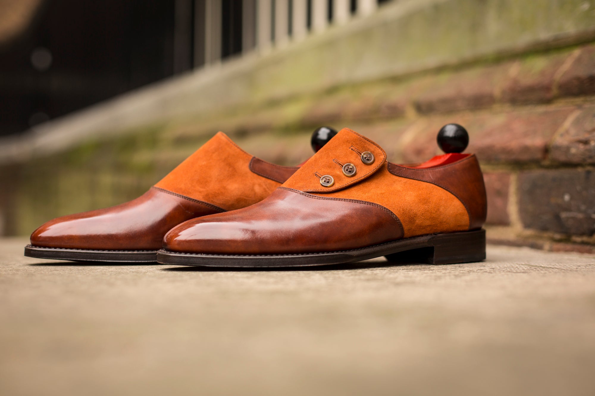 Aurora - MTO - Gold Museum Calf / Cinnamon Suede - LPB Last - Single Leather Sole-Made To Order Button Shoe Plain Toe-J.FitzPatrick Footwear