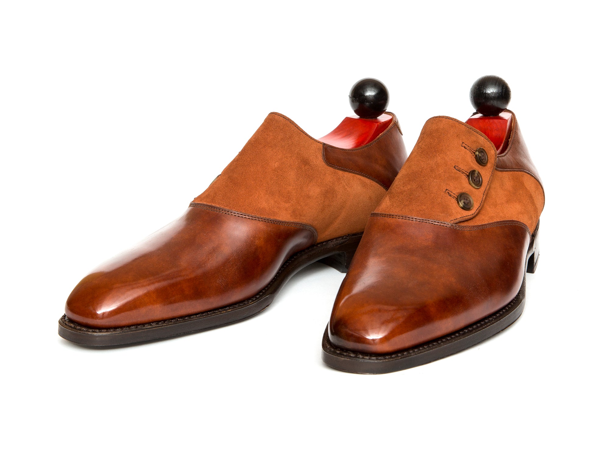 Aurora - MTO - Gold Museum Calf / Cinnamon Suede - LPB Last - Single Leather Sole-Made To Order Button Shoe Plain Toe-J.FitzPatrick Footwear