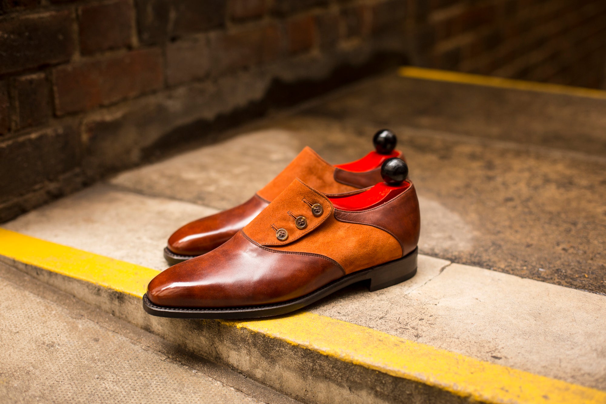 Aurora - MTO - Gold Museum Calf / Cinnamon Suede - LPB Last - Single Leather Sole-Made To Order Button Shoe Plain Toe-J.FitzPatrick Footwear