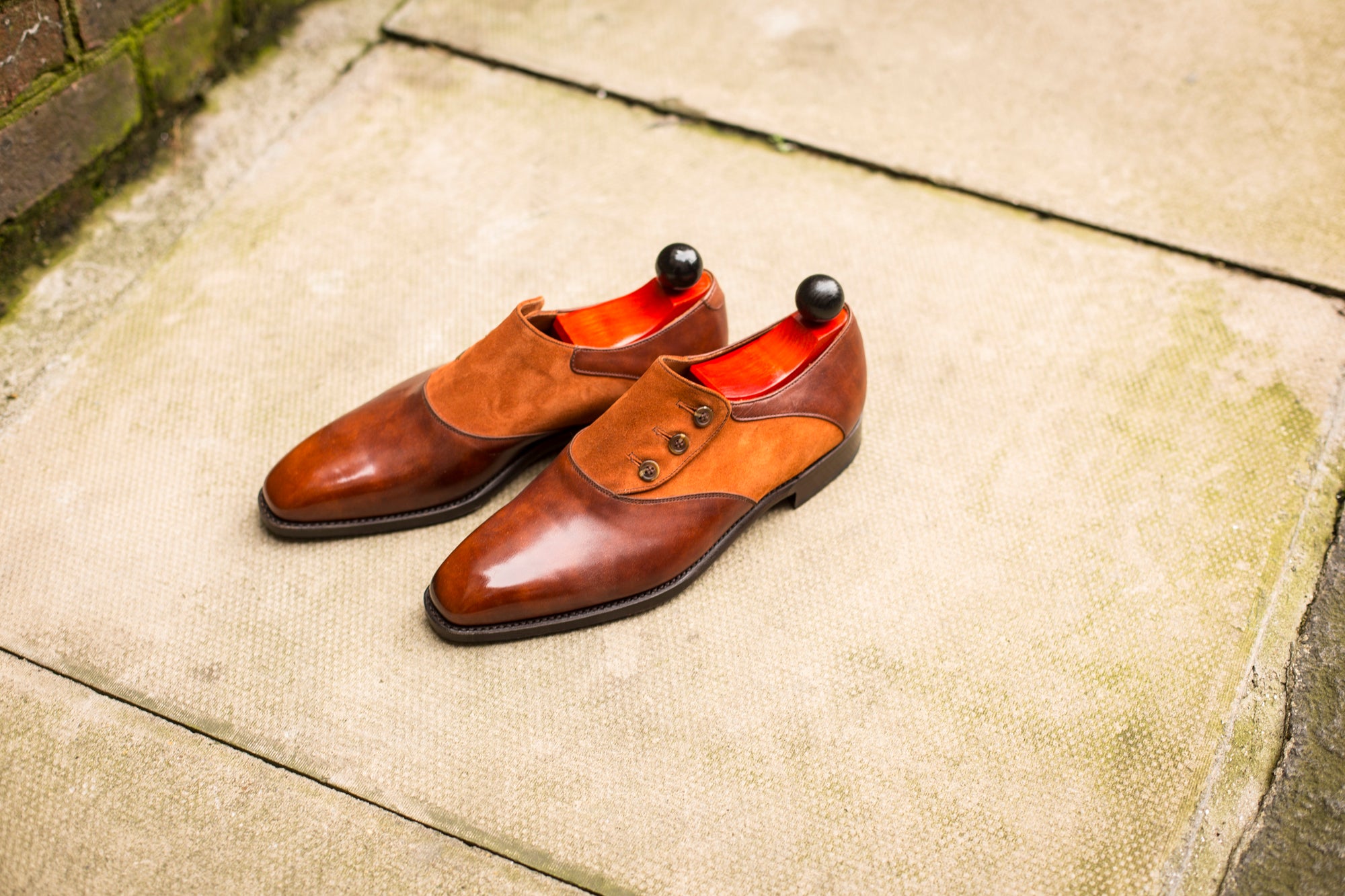 Aurora - MTO - Gold Museum Calf / Cinnamon Suede - LPB Last - Single Leather Sole-Made To Order Button Shoe Plain Toe-J.FitzPatrick Footwear