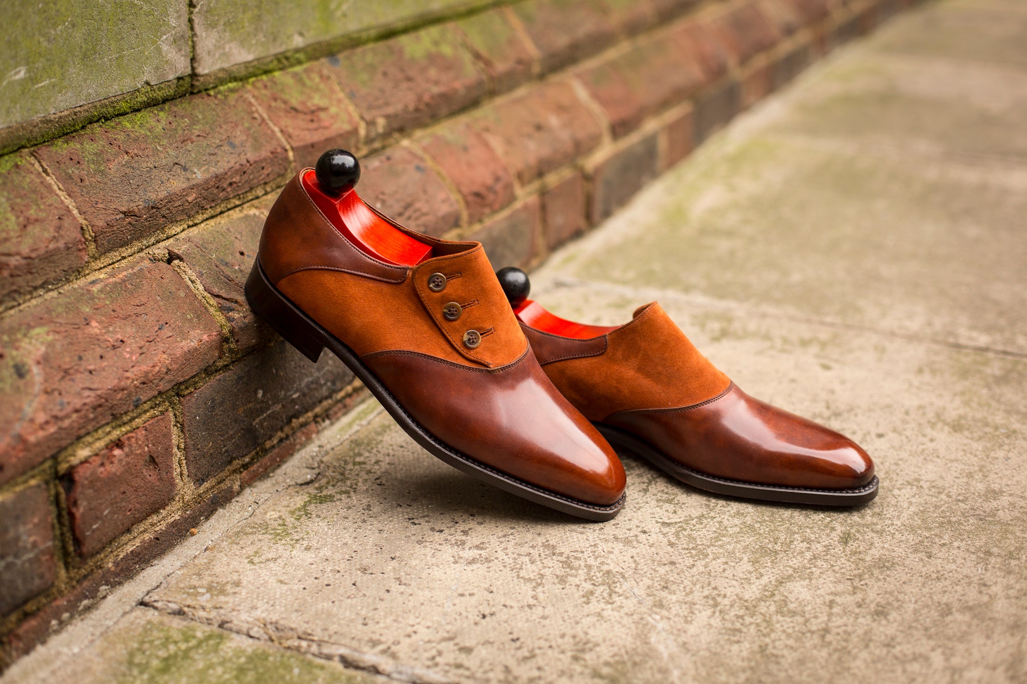 Aurora - MTO - Gold Museum Calf / Cinnamon Suede - LPB Last - Single Leather Sole-Made To Order Button Shoe Plain Toe-J.FitzPatrick Footwear