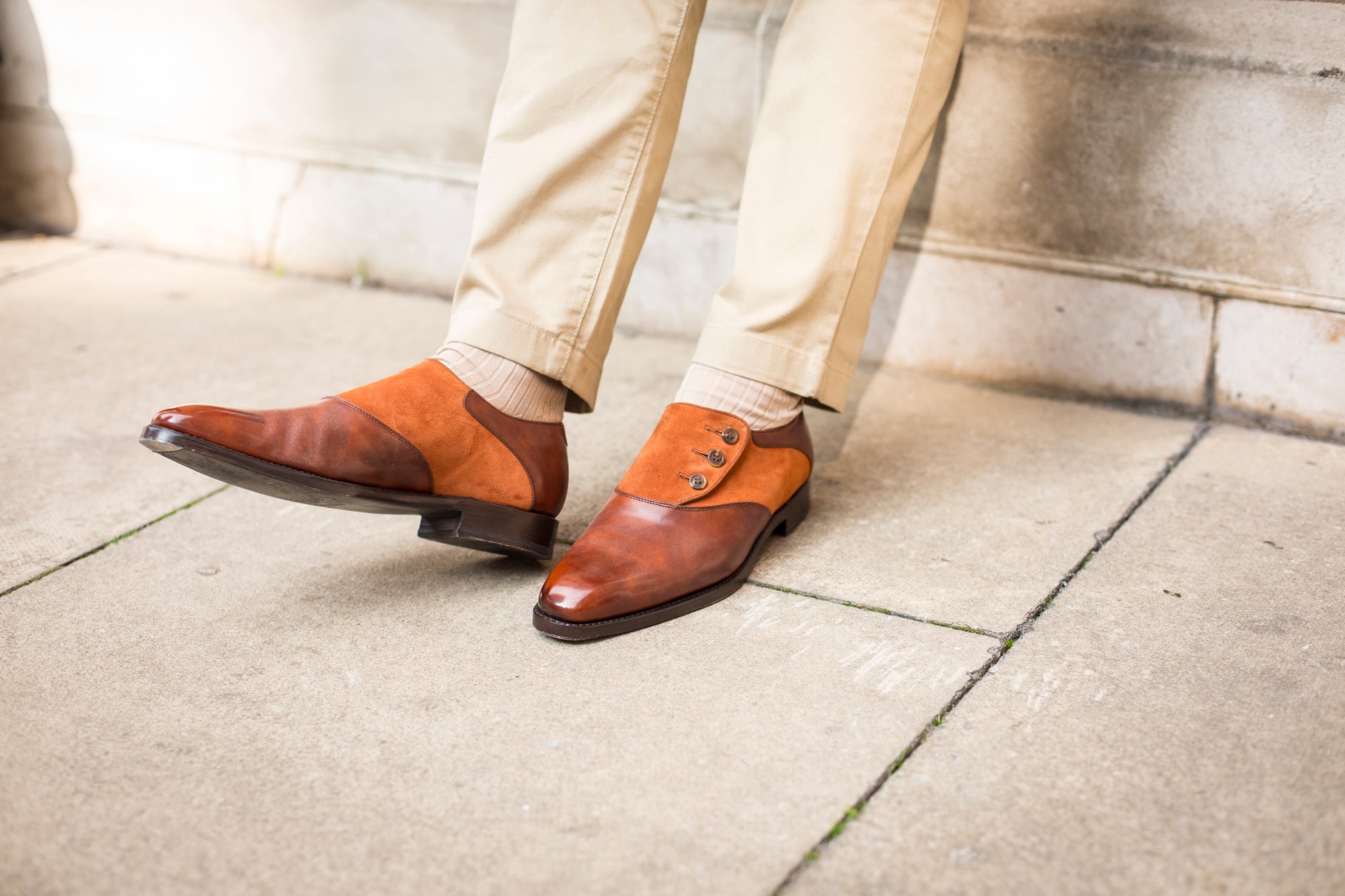 Aurora - MTO - Gold Museum Calf / Cinnamon Suede - LPB Last - Single Leather Sole-Made To Order Button Shoe Plain Toe-J.FitzPatrick Footwear
