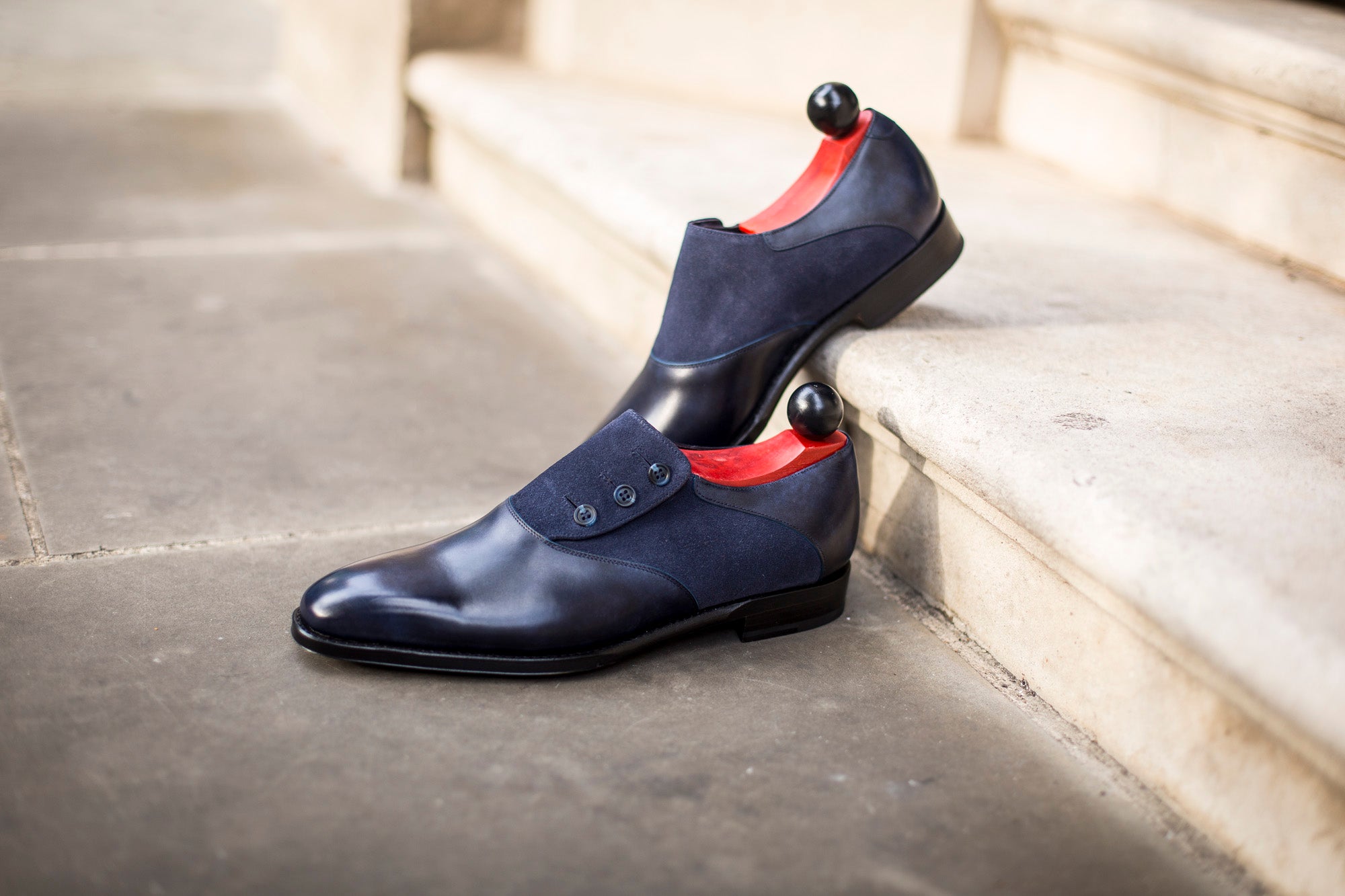 Aurora - MTO - Navy Museum Calf / Navy Suede - LPB Last - Single Leather Sole-Made To Order Button Shoe Plain Toe-J.FitzPatrick Footwear