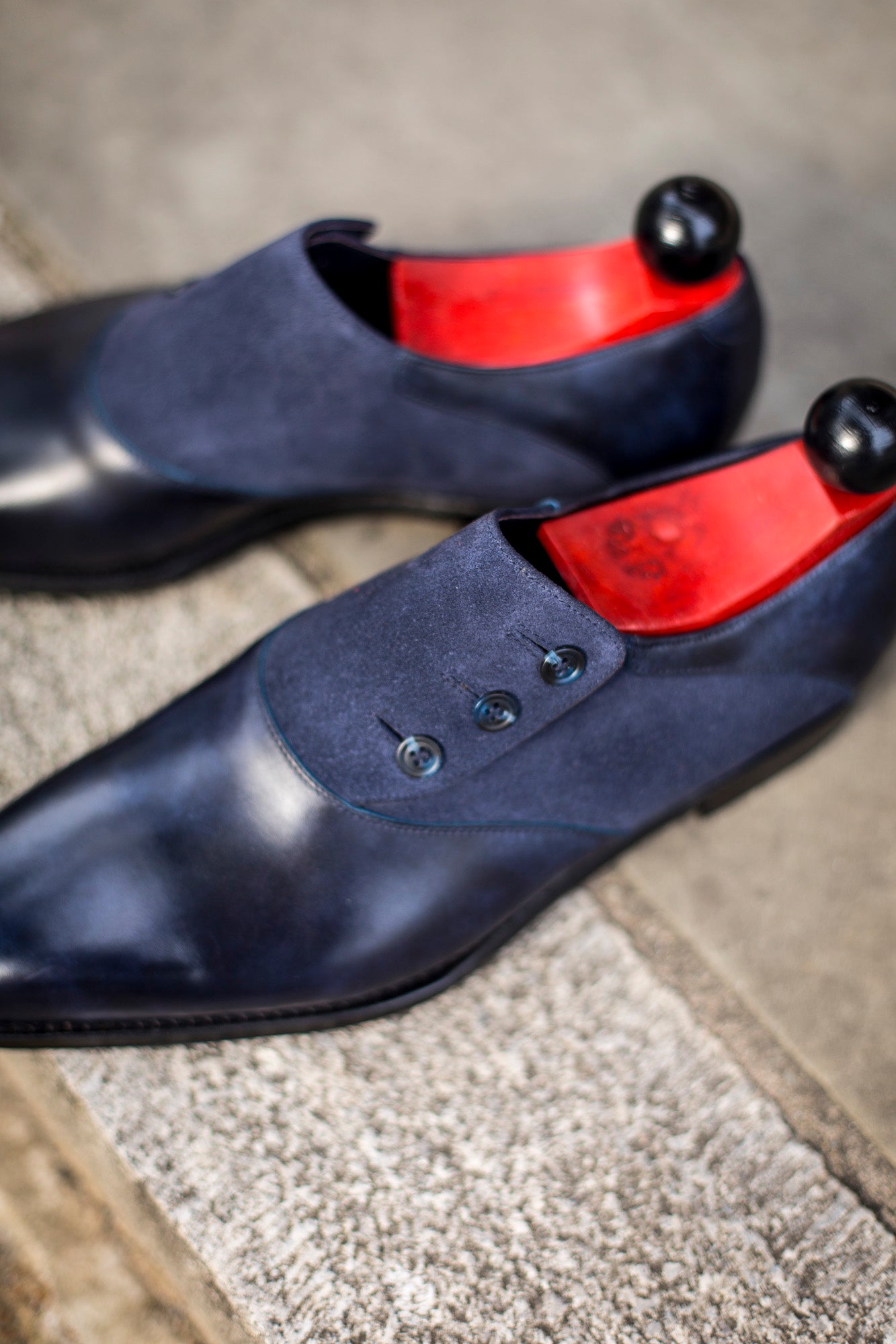 Aurora - MTO - Navy Museum Calf / Navy Suede - LPB Last - Single Leather Sole-Made To Order Button Shoe Plain Toe-J.FitzPatrick Footwear
