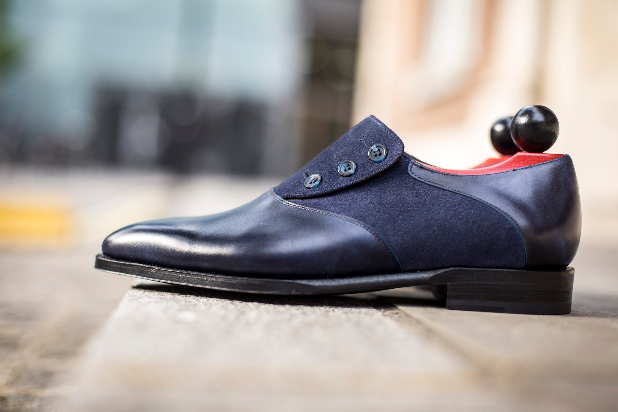 Aurora - MTO - Navy Museum Calf / Navy Suede - LPB Last - Single Leather Sole-Made To Order Button Shoe Plain Toe-J.FitzPatrick Footwear