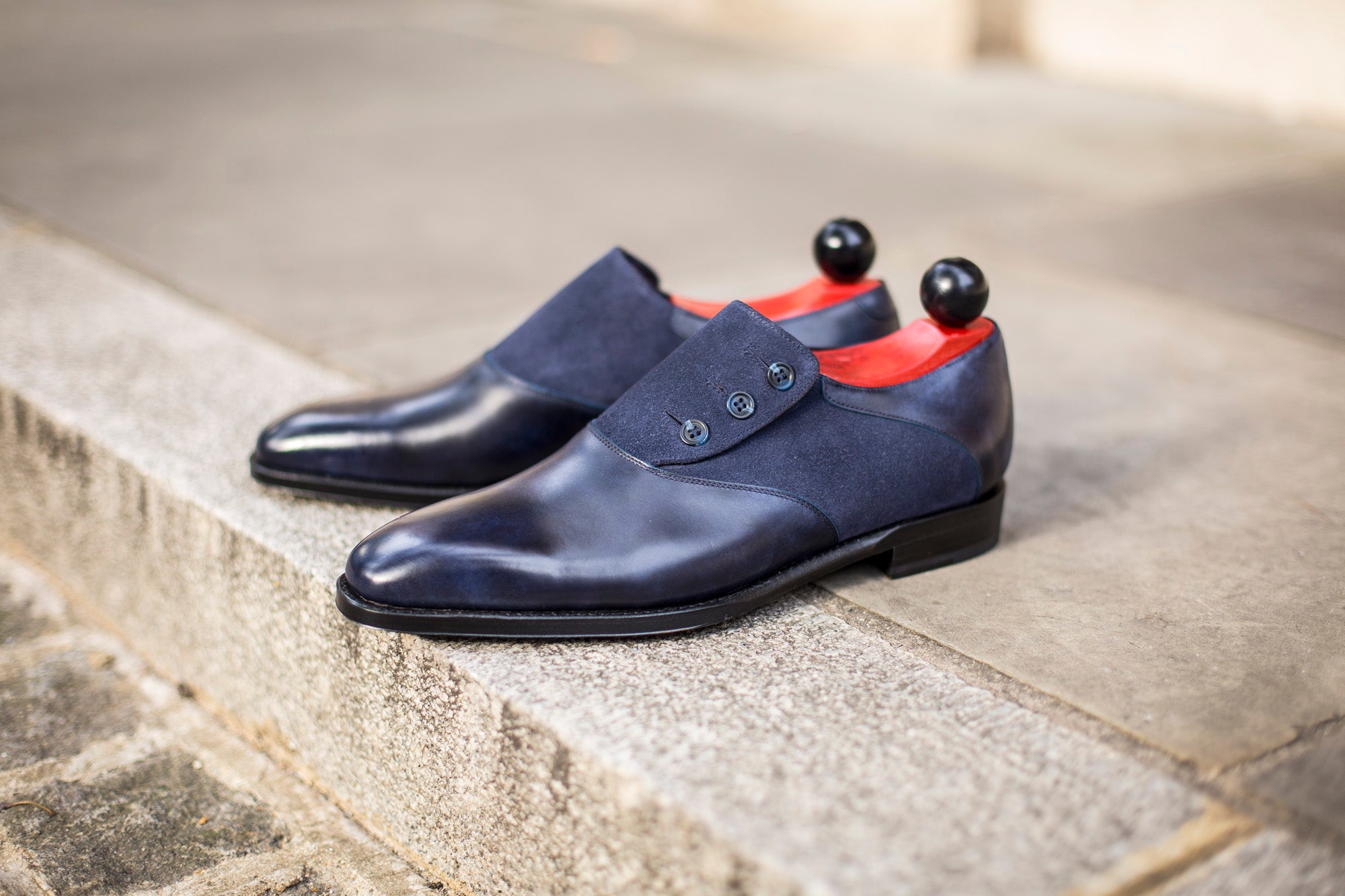 Aurora - MTO - Navy Museum Calf / Navy Suede - LPB Last - Single Leather Sole-Made To Order Button Shoe Plain Toe-J.FitzPatrick Footwear