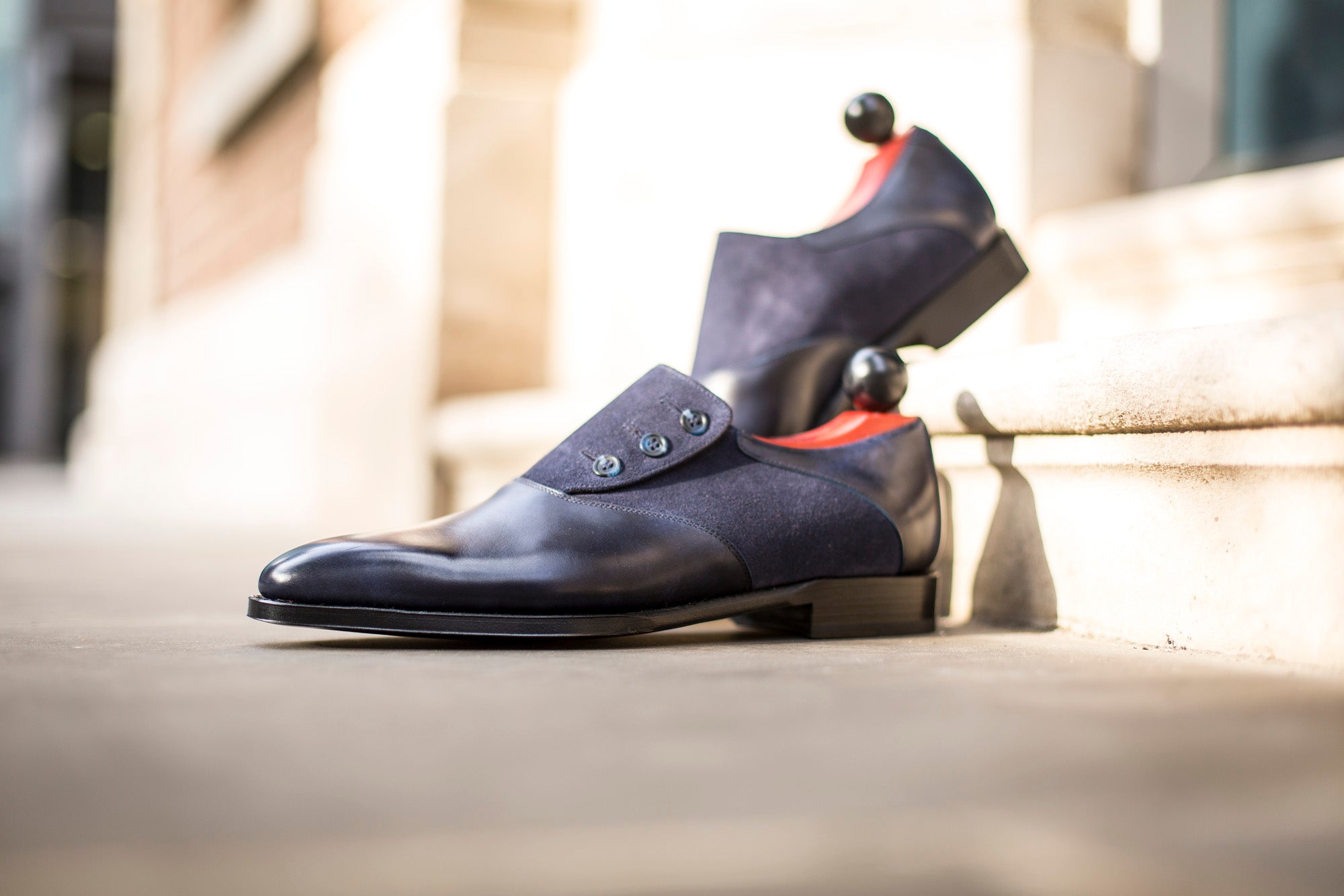 Aurora - MTO - Navy Museum Calf / Navy Suede - LPB Last - Single Leather Sole-Made To Order Button Shoe Plain Toe-J.FitzPatrick Footwear