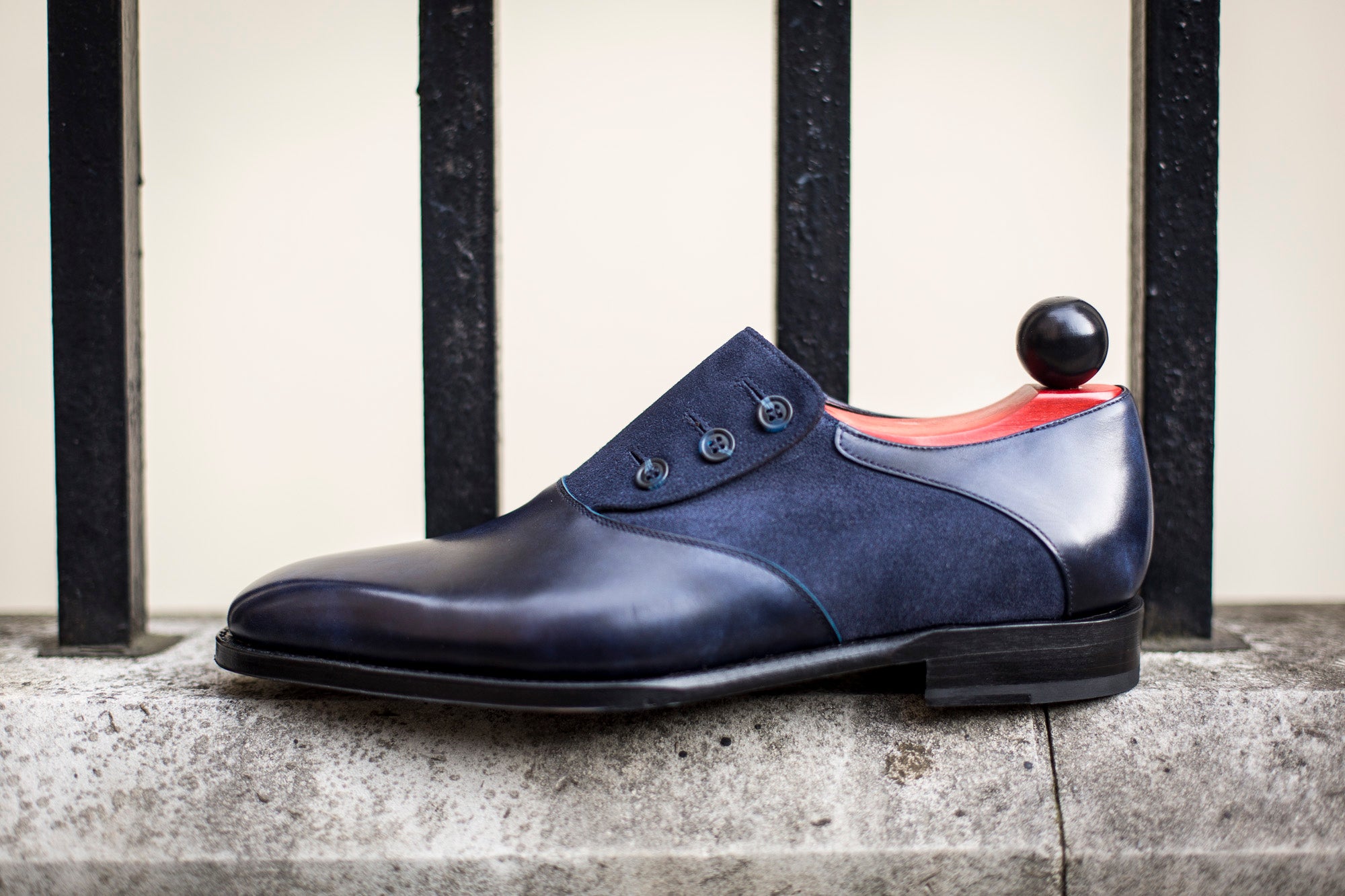 Aurora - MTO - Navy Museum Calf / Navy Suede - LPB Last - Single Leather Sole-Made To Order Button Shoe Plain Toe-J.FitzPatrick Footwear