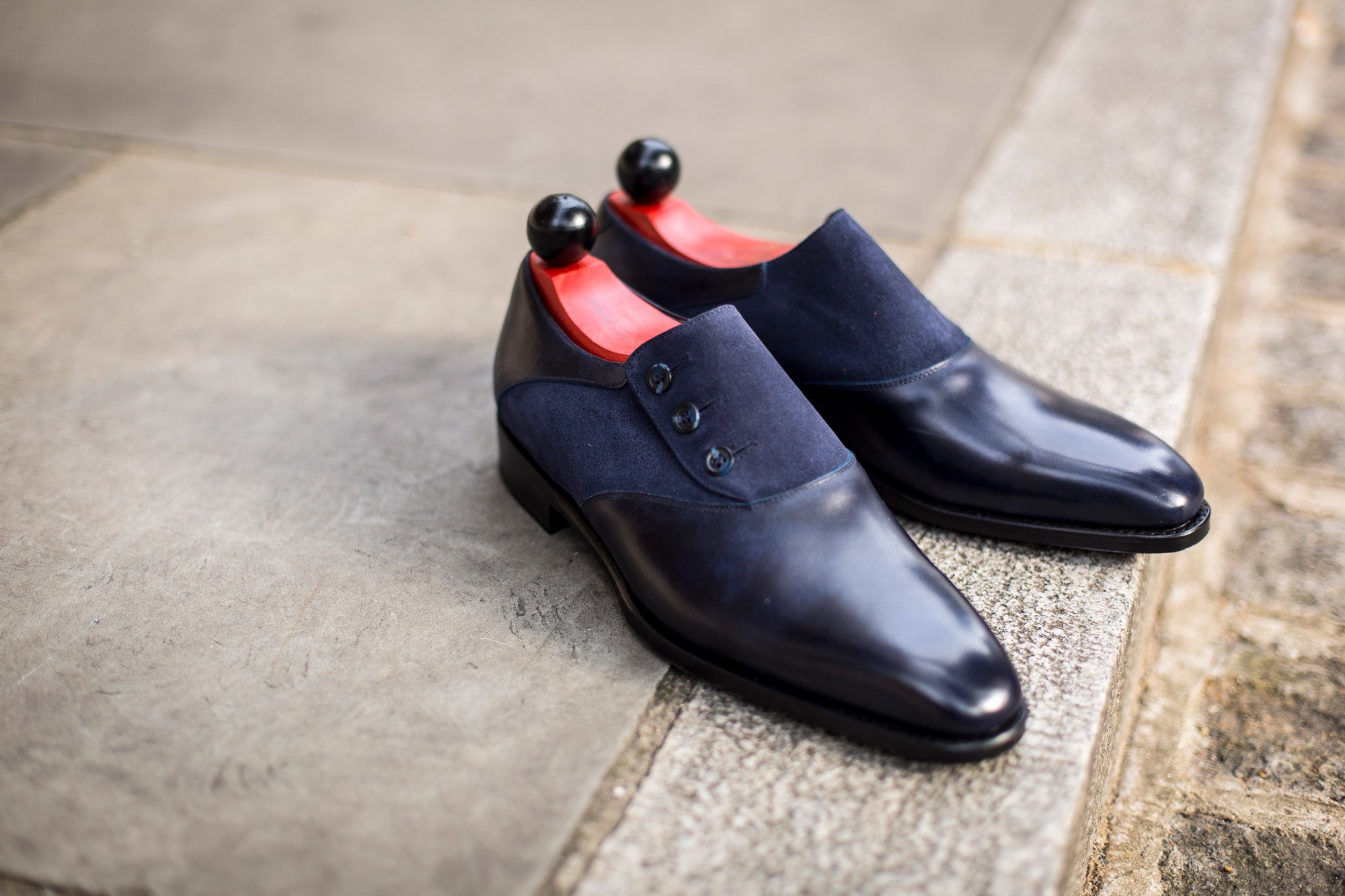 Aurora - MTO - Navy Museum Calf / Navy Suede - LPB Last - Single Leather Sole-Made To Order Button Shoe Plain Toe-J.FitzPatrick Footwear