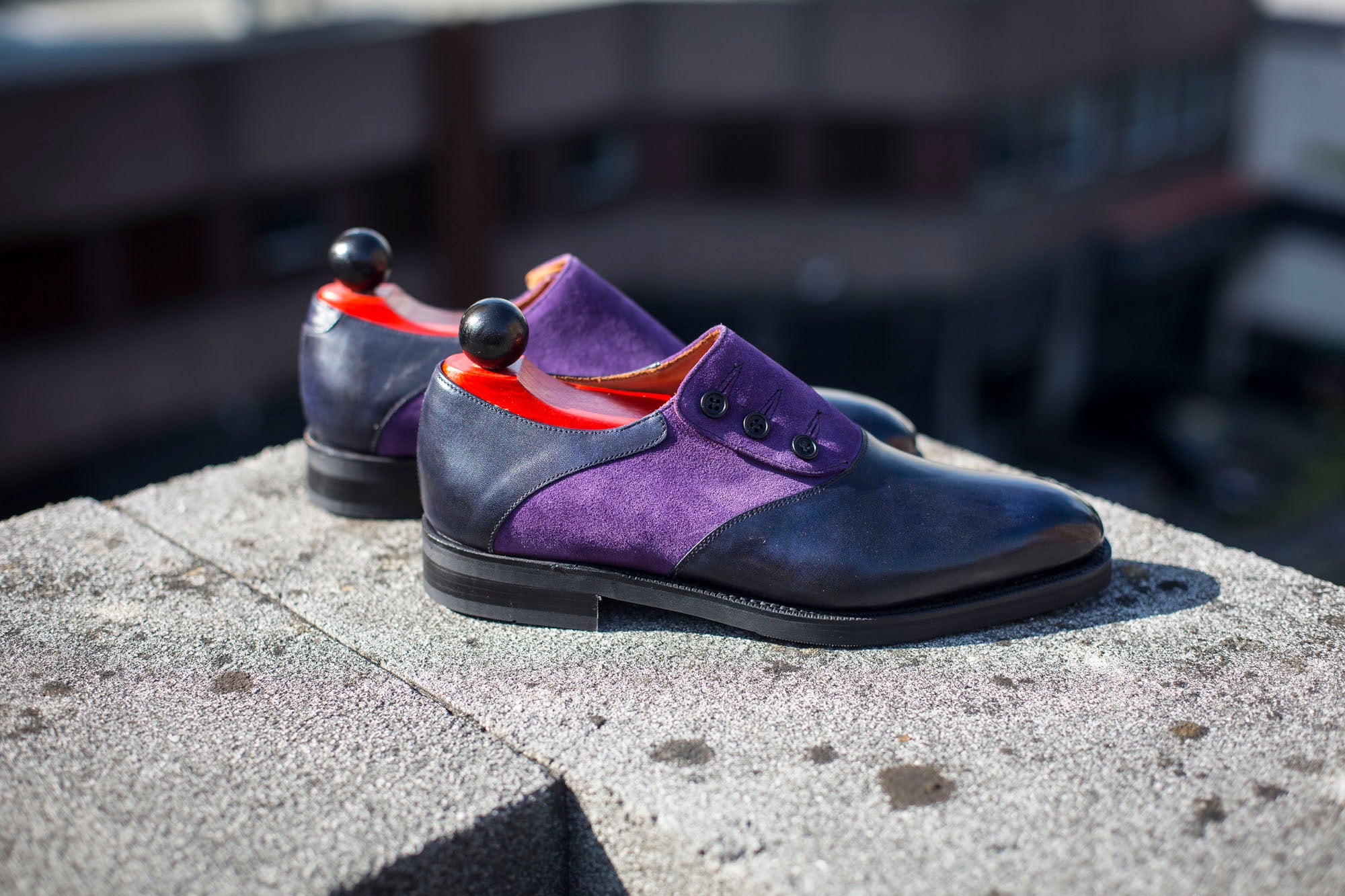 Aurora - MTO - Navy Museum Calf / Purple Suede - LPB Last - City Rubber Sole-Made To Order Button Shoe Plain Toe-J.FitzPatrick Footwear