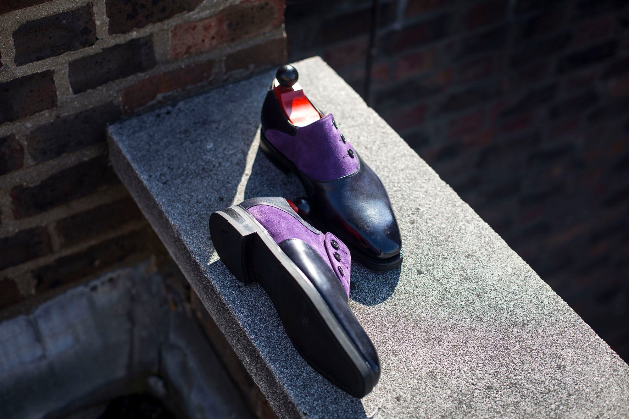 Aurora - MTO - Navy Museum Calf / Purple Suede - LPB Last - City Rubber Sole-Made To Order Button Shoe Plain Toe-J.FitzPatrick Footwear