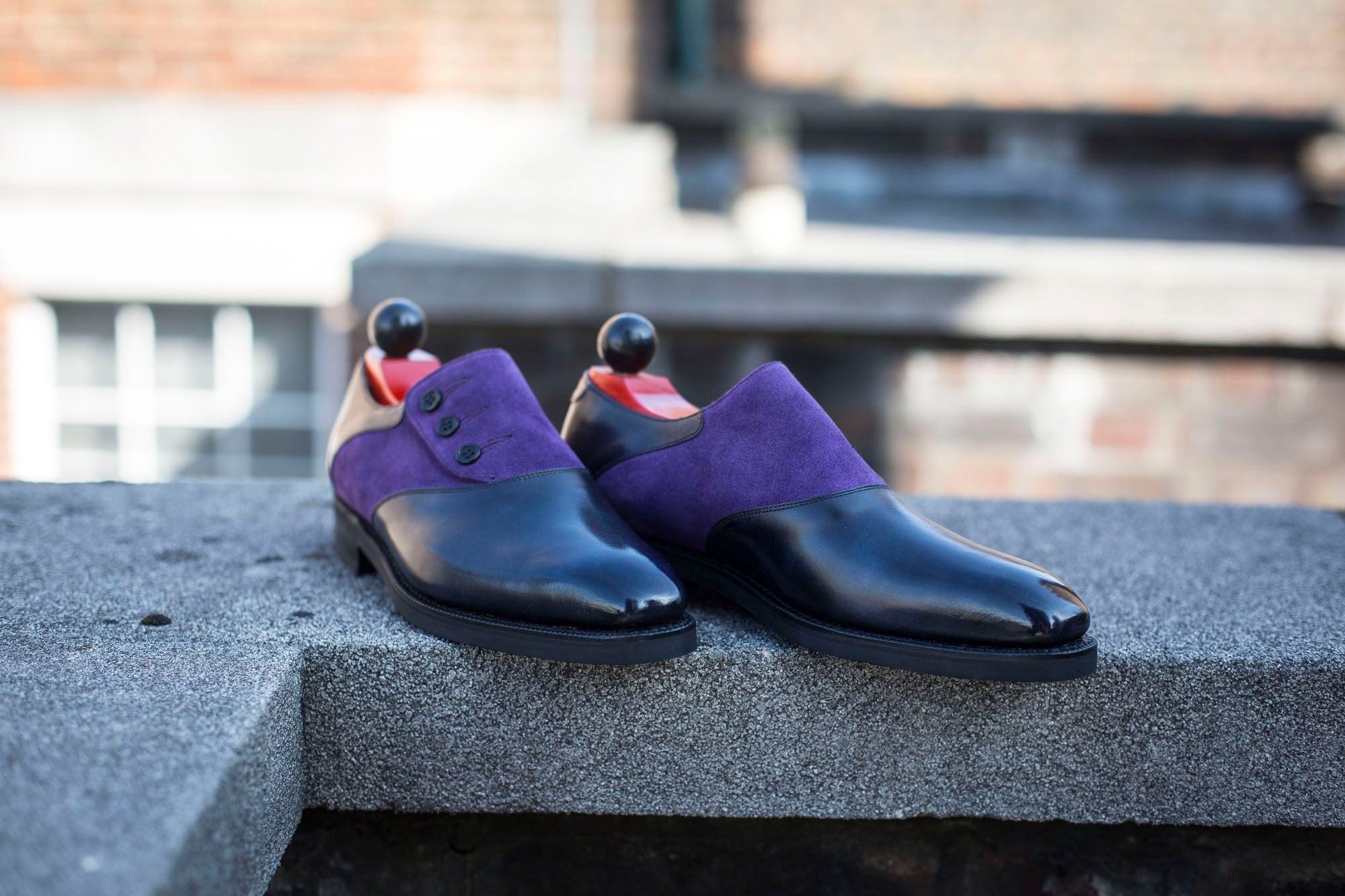 Aurora - MTO - Navy Museum Calf / Purple Suede - LPB Last - City Rubber Sole-Made To Order Button Shoe Plain Toe-J.FitzPatrick Footwear
