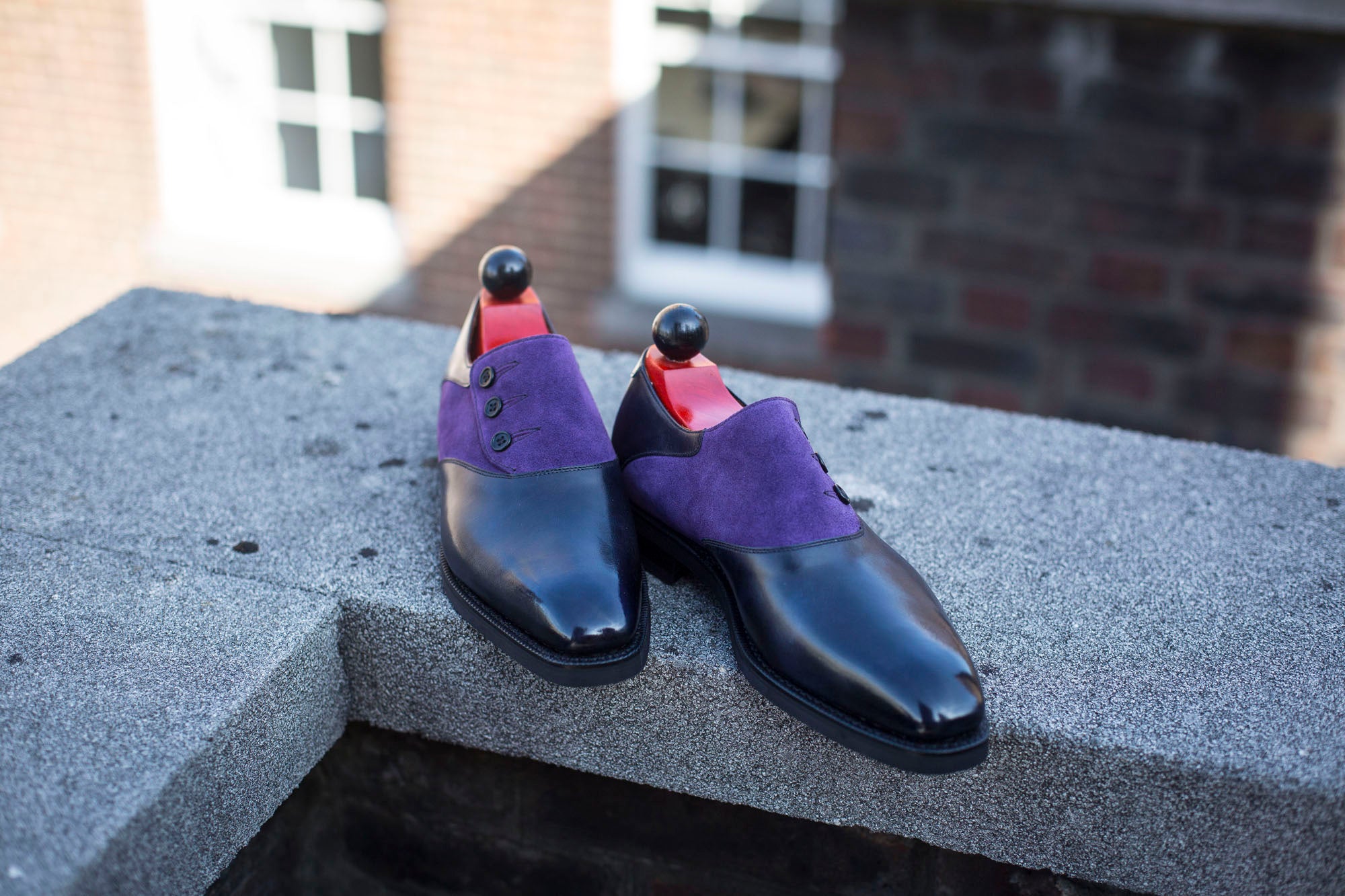 Aurora - MTO - Navy Museum Calf / Purple Suede - LPB Last - City Rubber Sole-Made To Order Button Shoe Plain Toe-J.FitzPatrick Footwear