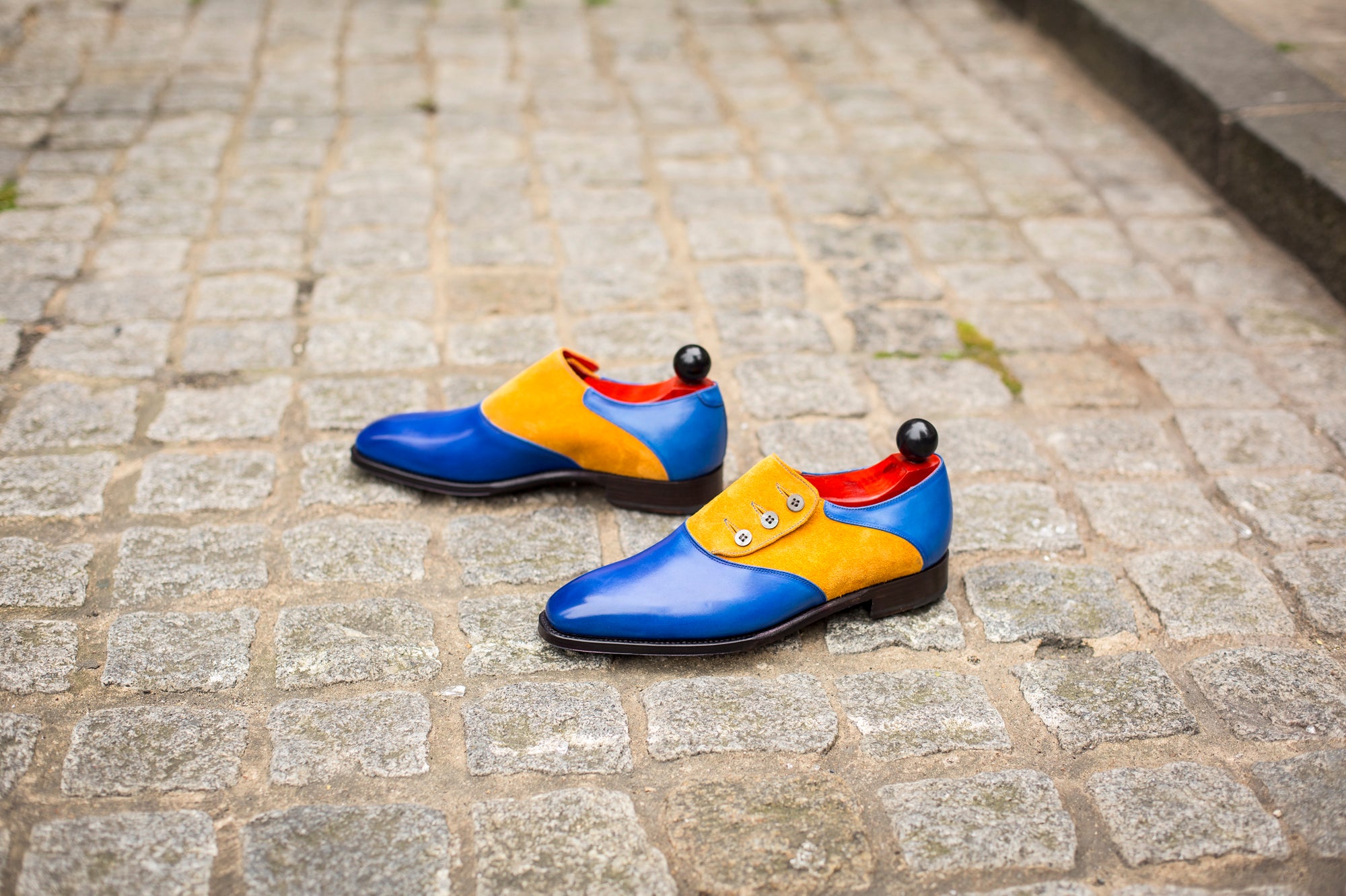Aurora - MTO - Sky Blue Calf / Yellow Suede - LPB Last - Single Leather Sole-Made To Order Button Shoe Plain Toe-J.FitzPatrick Footwear
