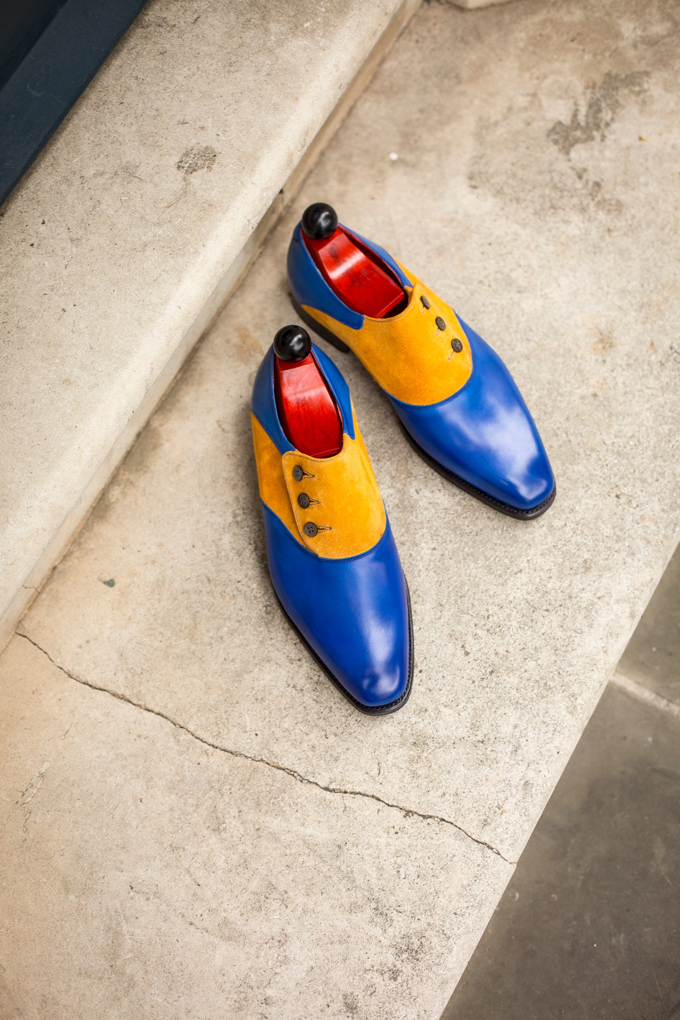 Aurora - MTO - Sky Blue Calf / Yellow Suede - LPB Last - Single Leather Sole-Made To Order Button Shoe Plain Toe-J.FitzPatrick Footwear
