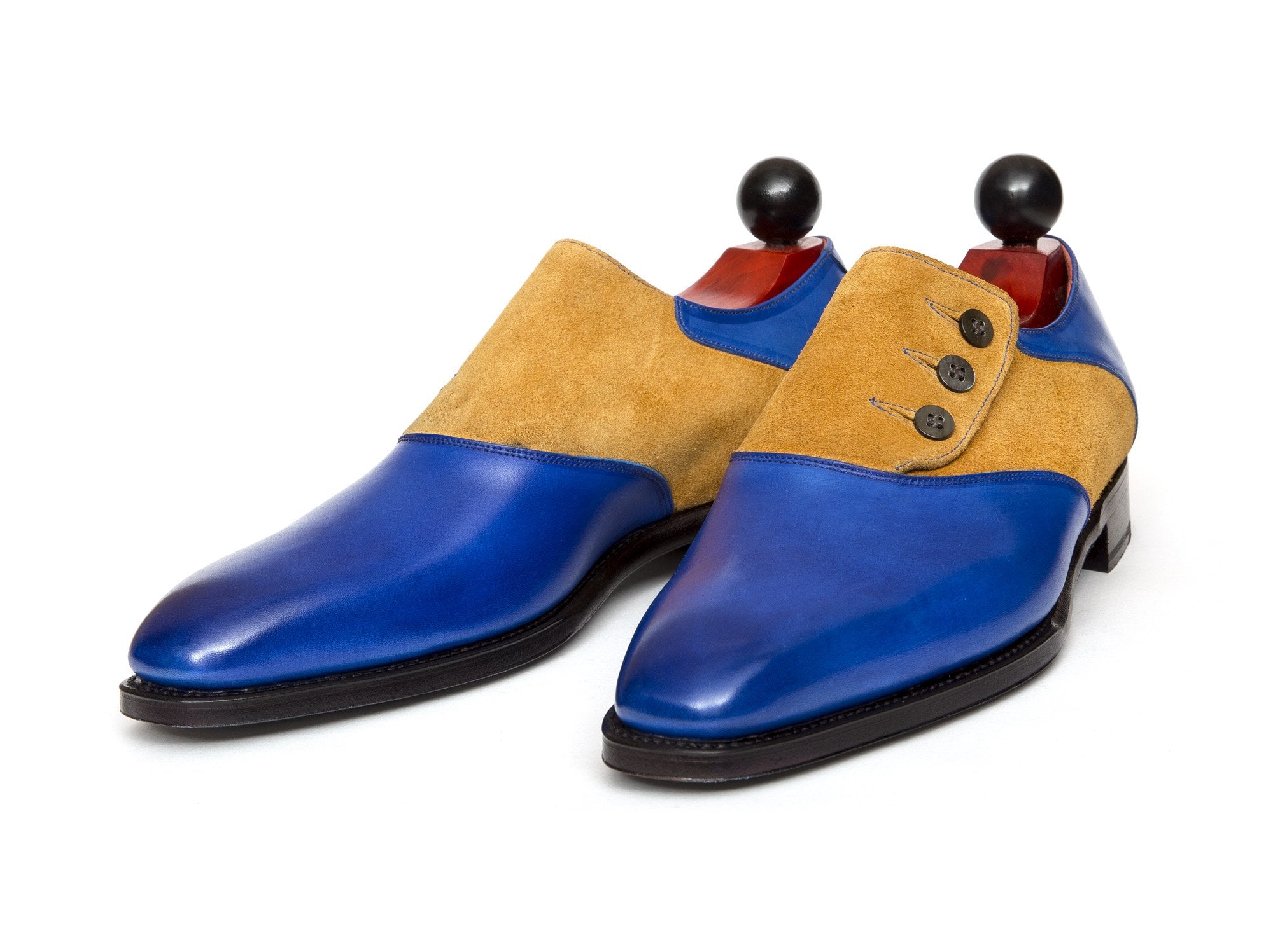 Aurora - MTO - Sky Blue Calf / Yellow Suede - LPB Last - Single Leather Sole-Made To Order Button Shoe Plain Toe-J.FitzPatrick Footwear