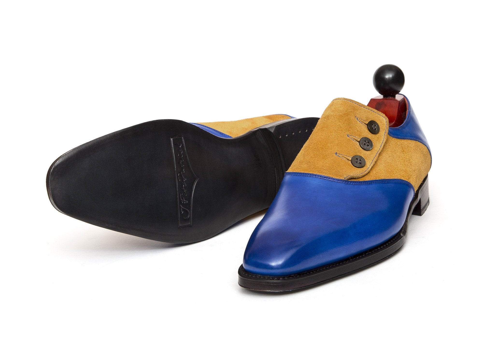 Aurora - MTO - Sky Blue Calf / Yellow Suede - LPB Last - Single Leather Sole-Made To Order Button Shoe Plain Toe-J.FitzPatrick Footwear