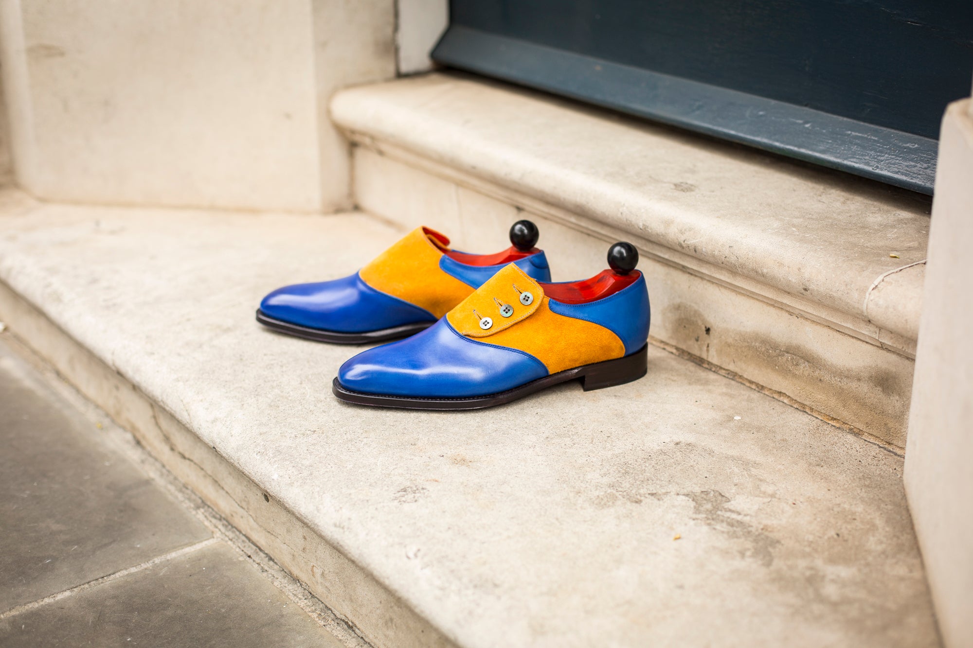 Aurora - MTO - Sky Blue Calf / Yellow Suede - LPB Last - Single Leather Sole-Made To Order Button Shoe Plain Toe-J.FitzPatrick Footwear