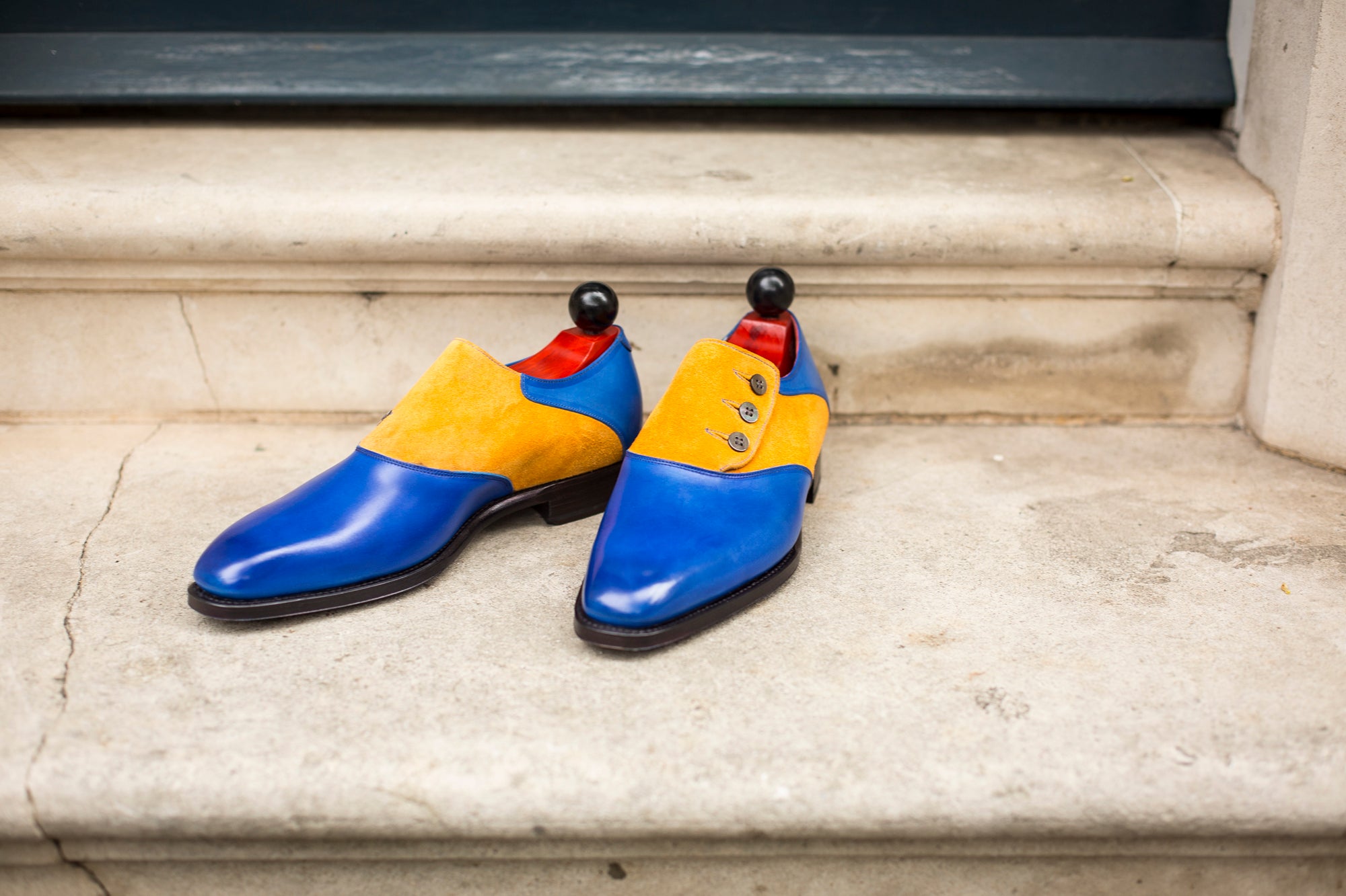 Aurora - MTO - Sky Blue Calf / Yellow Suede - LPB Last - Single Leather Sole-Made To Order Button Shoe Plain Toe-J.FitzPatrick Footwear